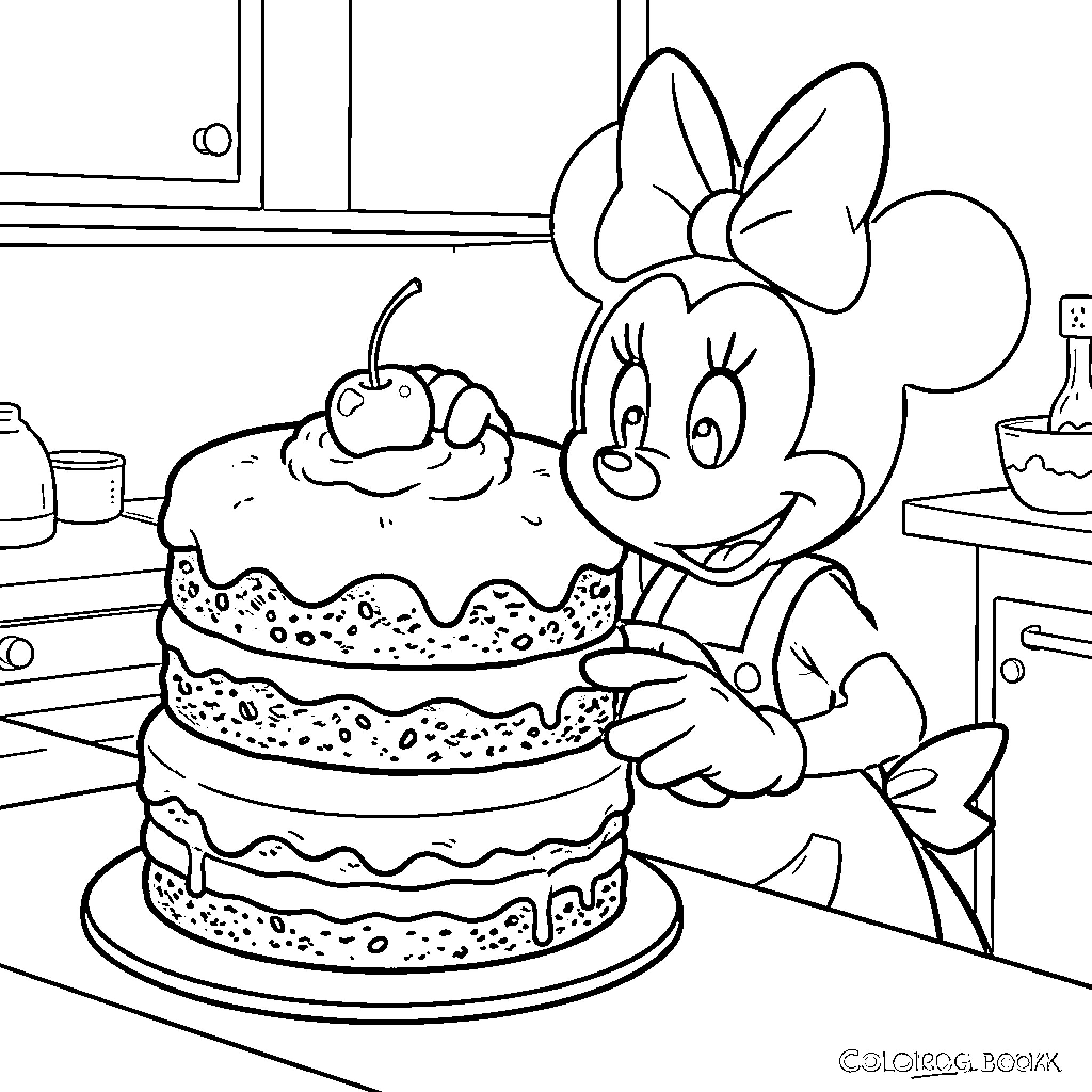 Minnie baking a delightful cake in the kitchen Coloring Page (free black-and-white line drawing printable PDF for all, from beginners to advanced learners, including children, teens, adults, and seniors)