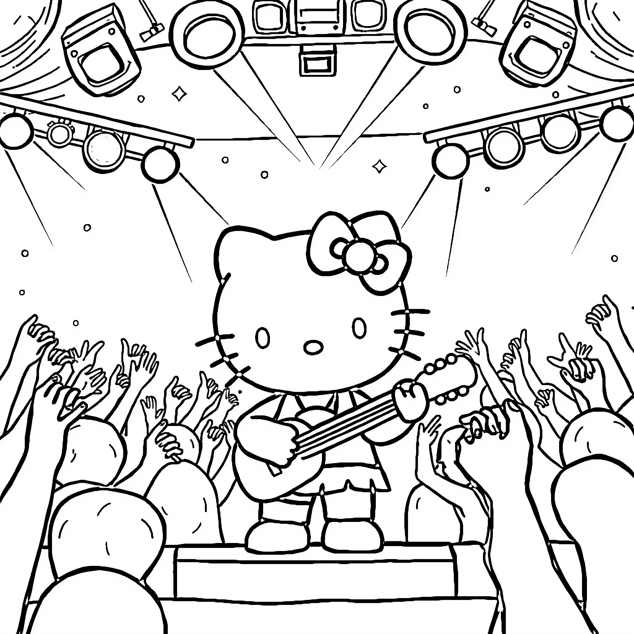 Hello Kitty performing on stage with adoring fans Coloring Page (free black-and-white line drawing printable PDF for all, from beginners to advanced learners, including children, teens, adults, and seniors)