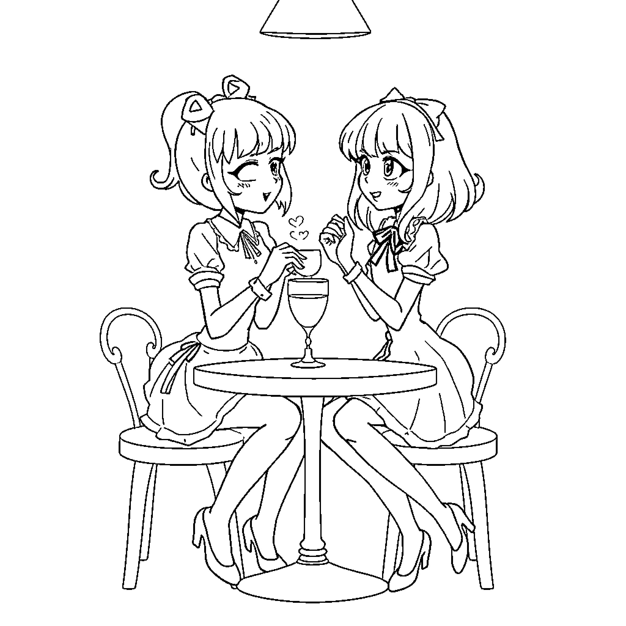 Marinette and Friend Enjoying a Cafe Outing Coloring Page (free black-and-white line drawing printable PDF for all, from beginners to advanced learners, including children, teens, adults, and seniors)