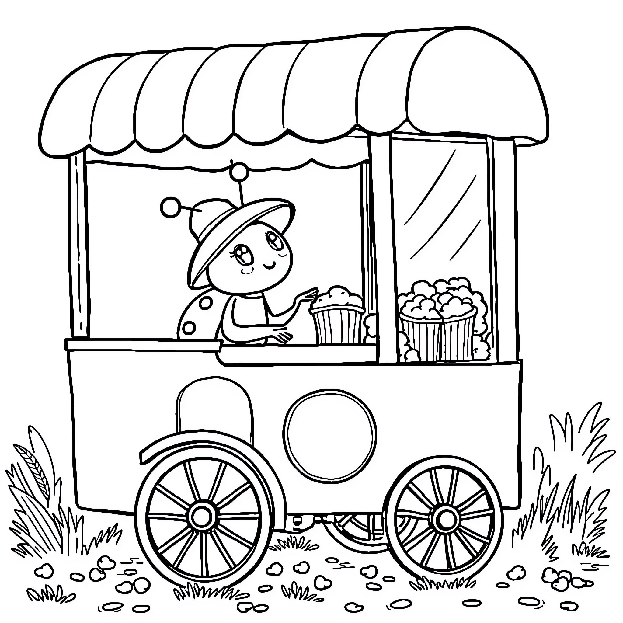Ladybug selling popcorn from a mobile cart Coloring Page (free black-and-white line drawing printable PDF for all, from beginners to advanced learners, including children, teens, adults, and seniors)