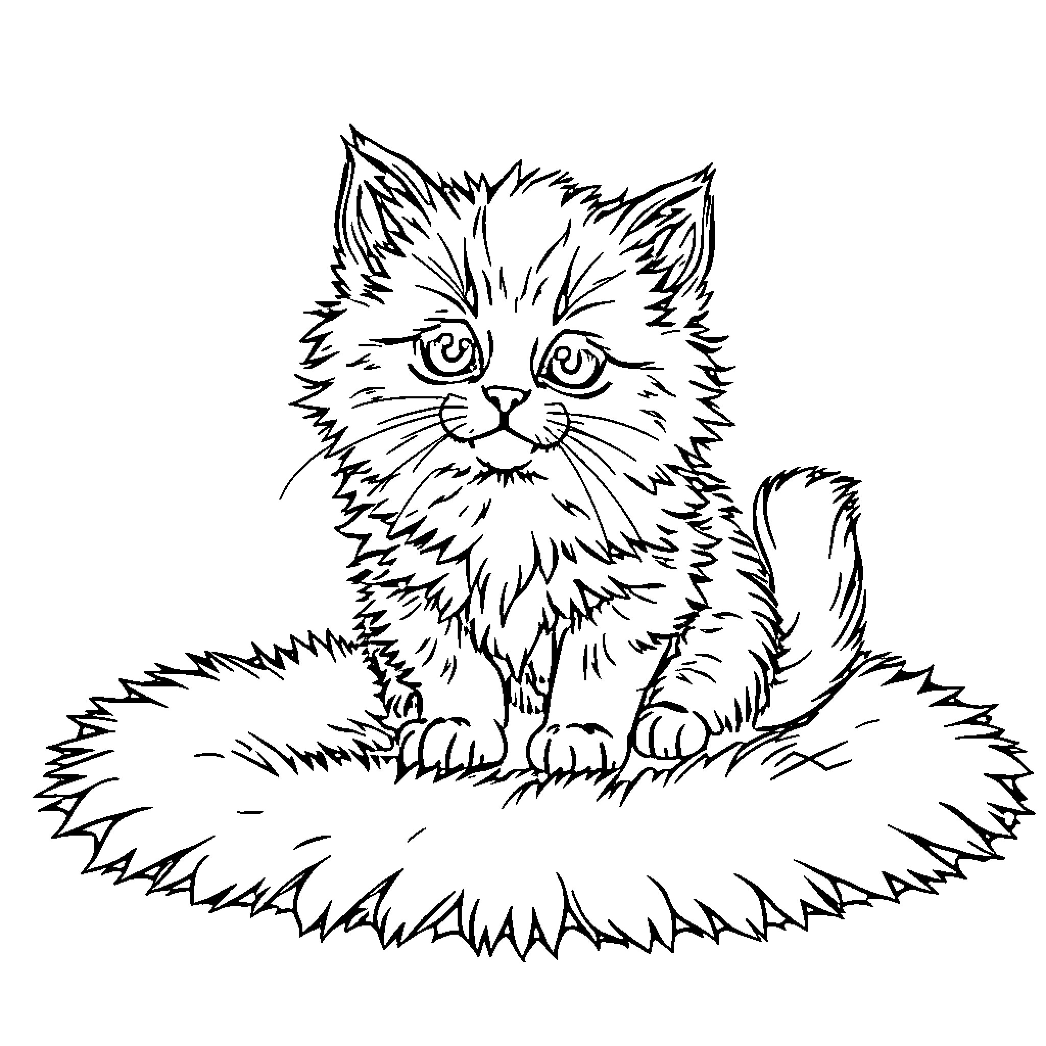 Kitten sitting on a furry surface Coloring Page (free black-and-white line drawing printable PDF for all, from beginners to advanced learners, including children, teens, adults, and seniors)