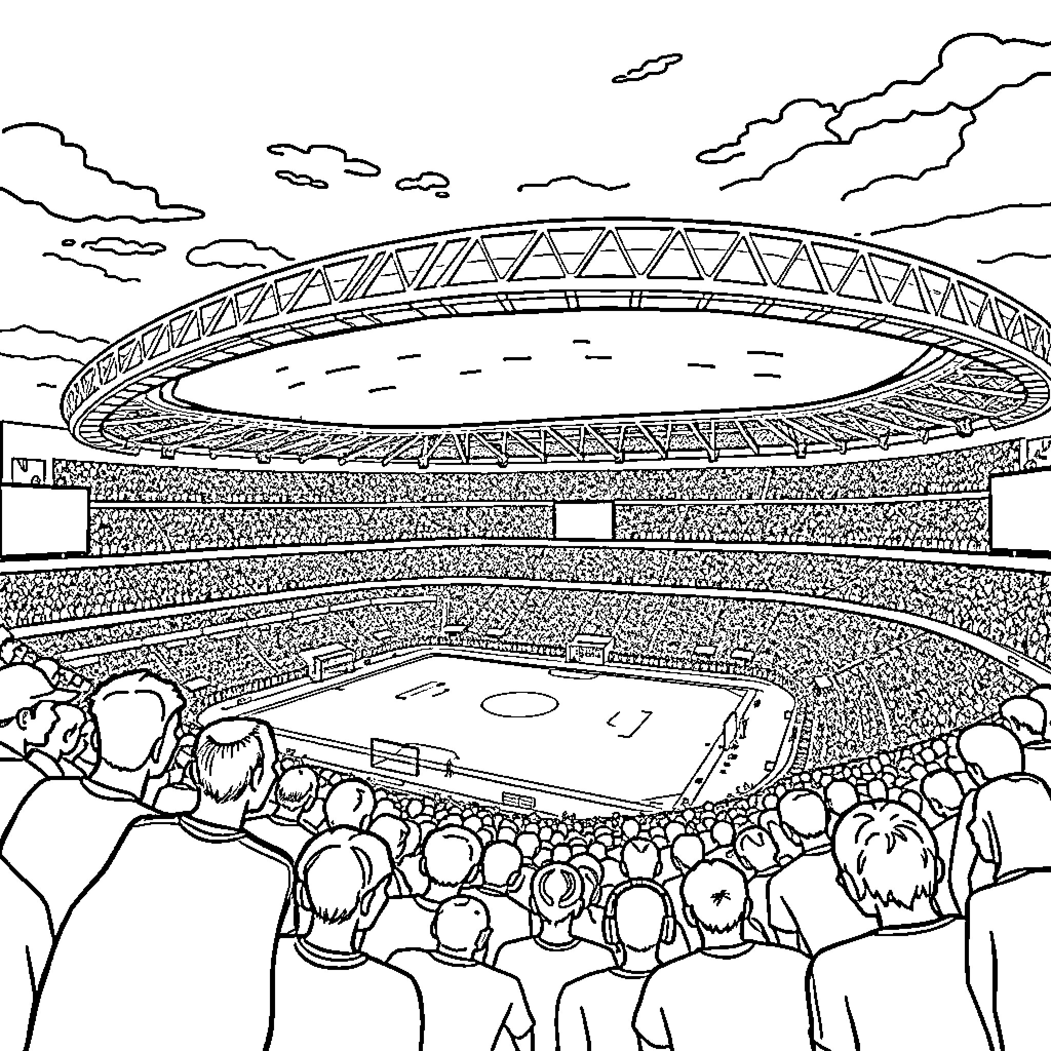 Stadium of Packed Crowd Watching Sports Event Coloring Page (free black-and-white line drawing printable PDF for all, from beginners to advanced learners, including children, teens, adults, and seniors)