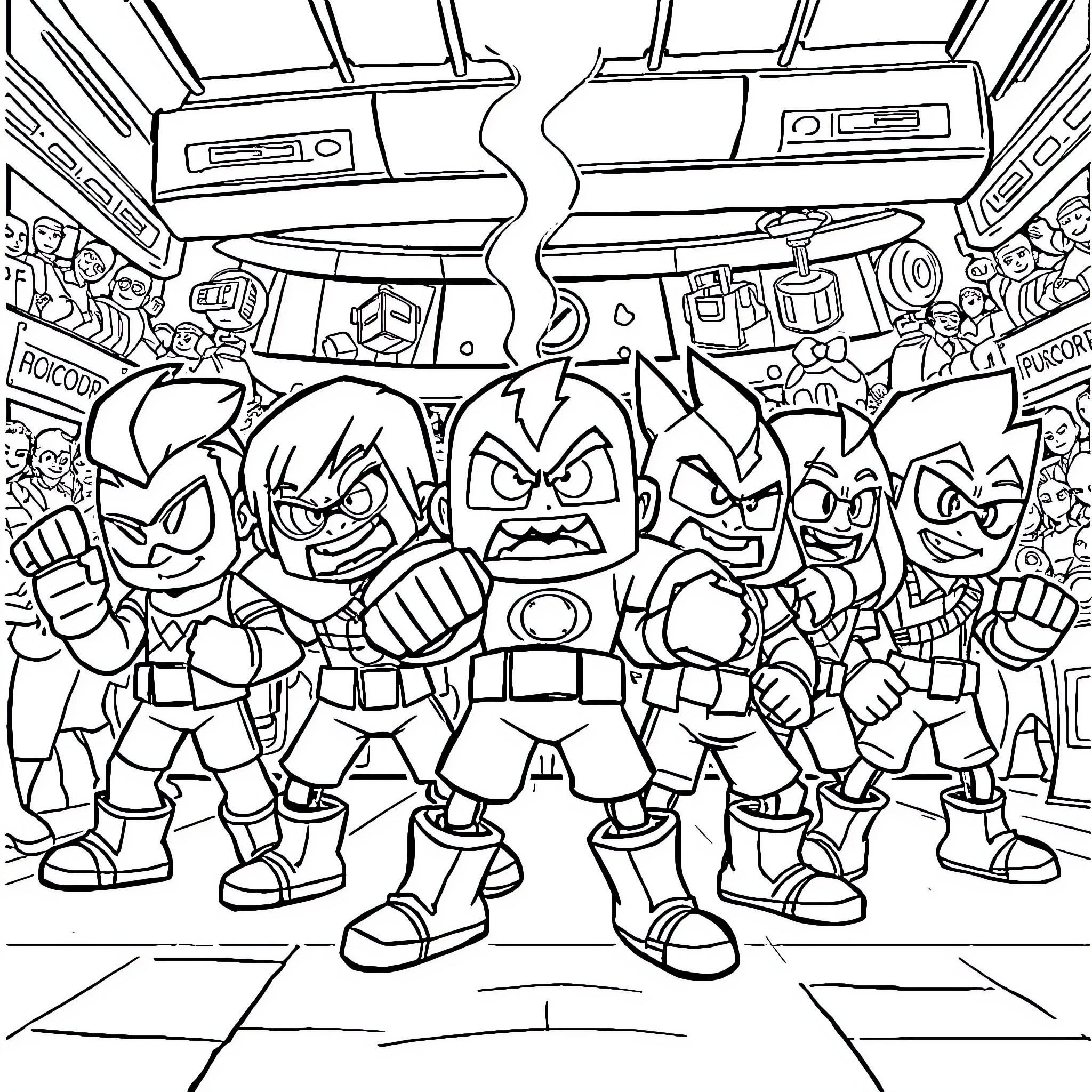 Brawl Stars Characters in Intense Battle Stance Coloring Page (free black-and-white line drawing printable PDF for all, from beginners to advanced learners, including children, teens, adults, and seniors)