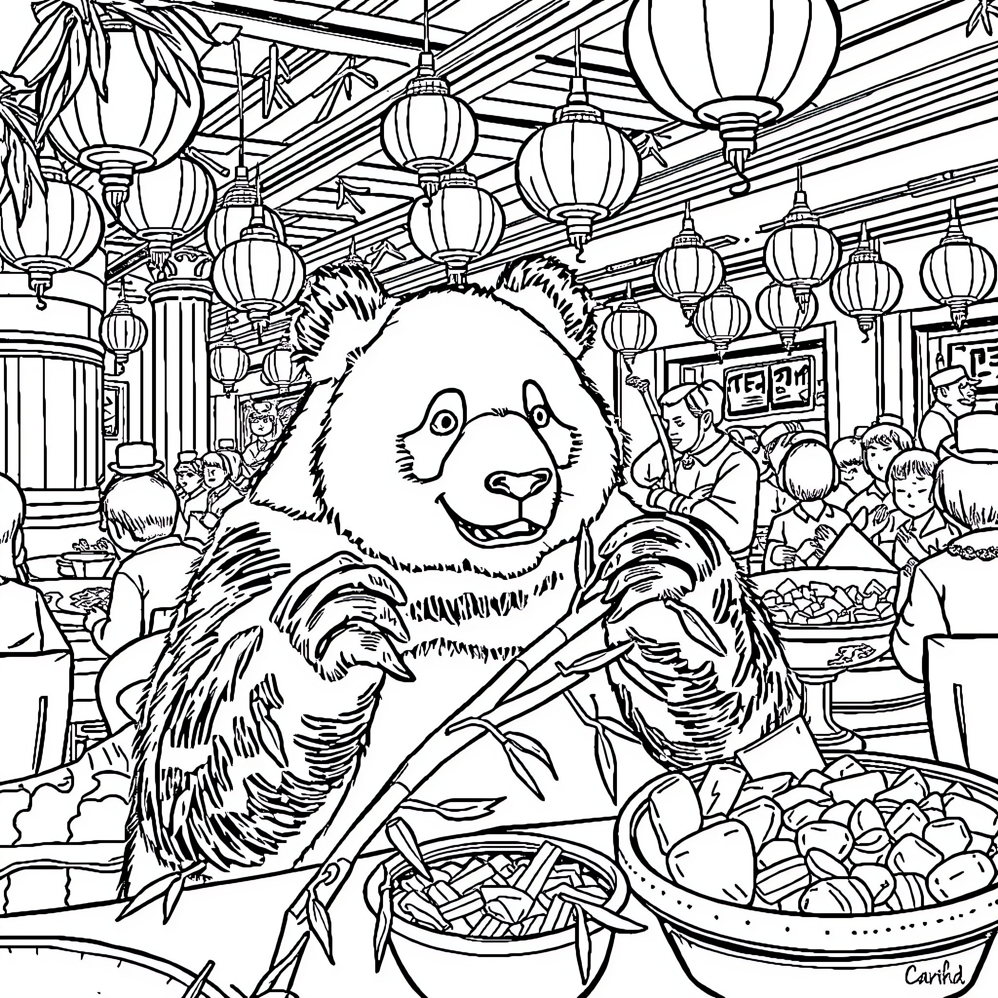 Panda enjoying Chinese cuisine in bustling restaurant Coloring Page (free black-and-white line drawing printable PDF for all, from beginners to advanced learners, including children, teens, adults, and seniors)