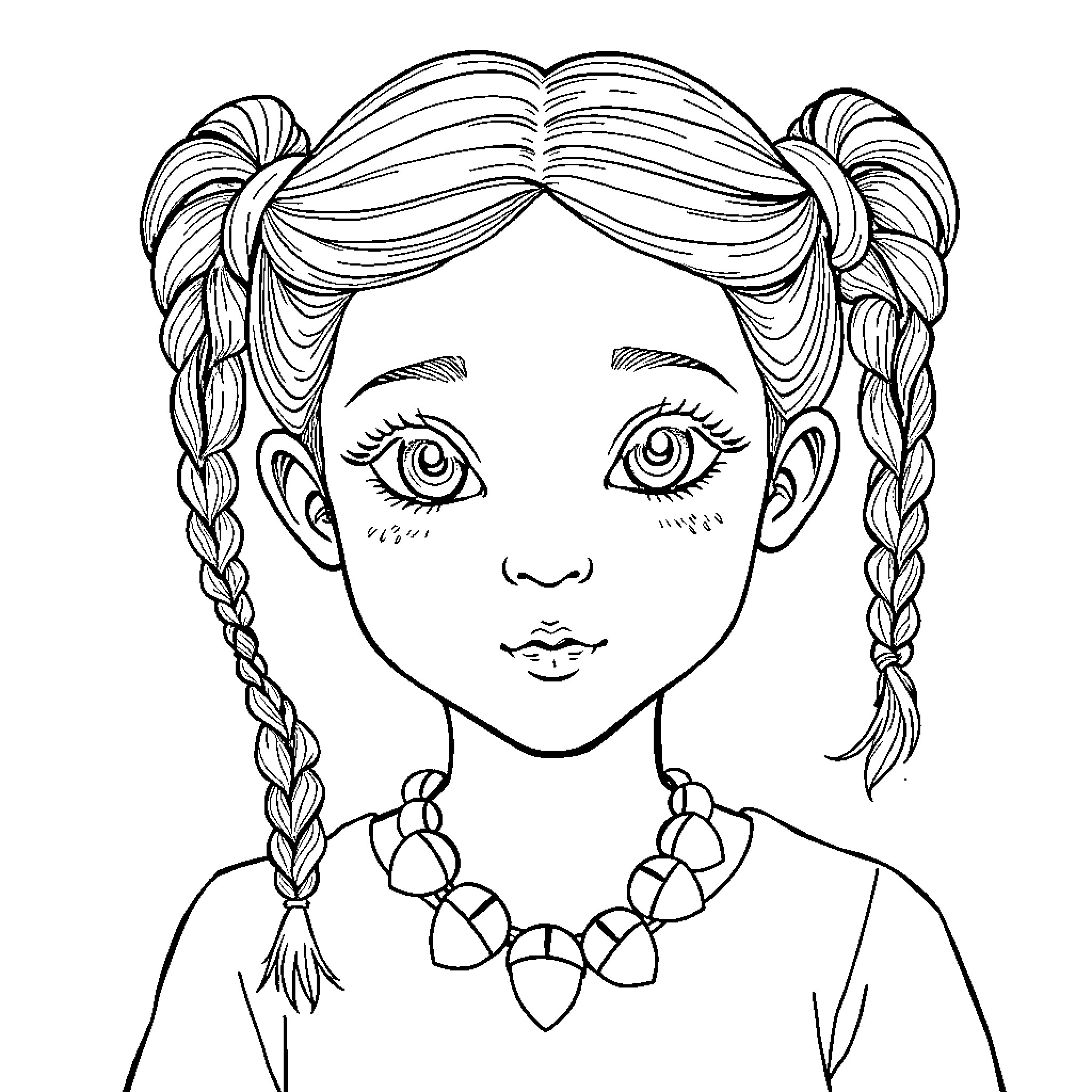 Girl with braided hairstyle and necklace Coloring Page (free black-and-white line drawing printable PDF for all, from beginners to advanced learners, including children, teens, adults, and seniors)