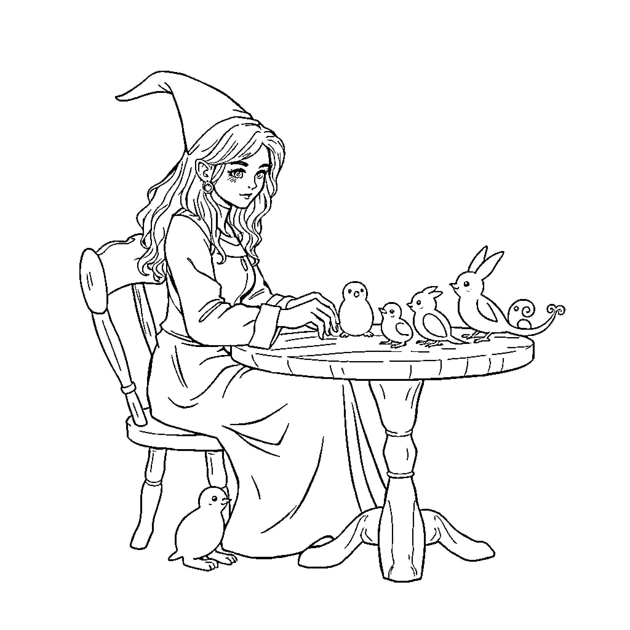Sorcière crafting with woodland creatures Coloring Page (free black-and-white line drawing printable PDF for all, from beginners to advanced learners, including children, teens, adults, and seniors)