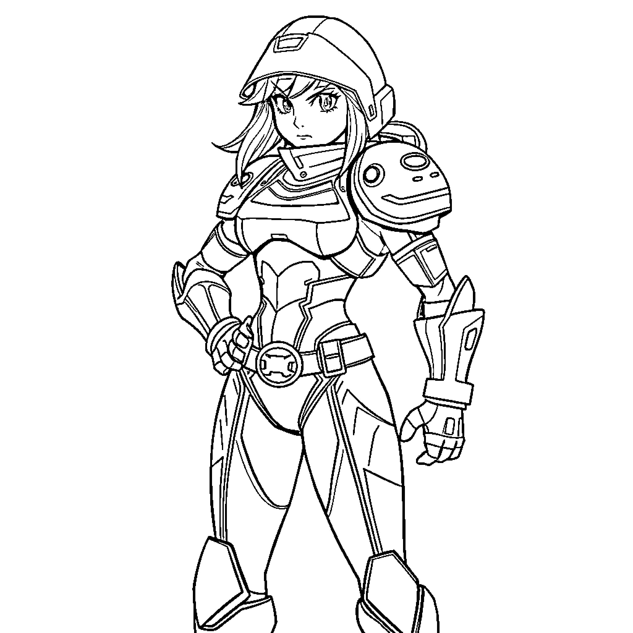 Samus in Futuristic Armored Suit Coloring Page (free black-and-white line drawing printable PDF for all, from beginners to advanced learners, including children, teens, adults, and seniors)