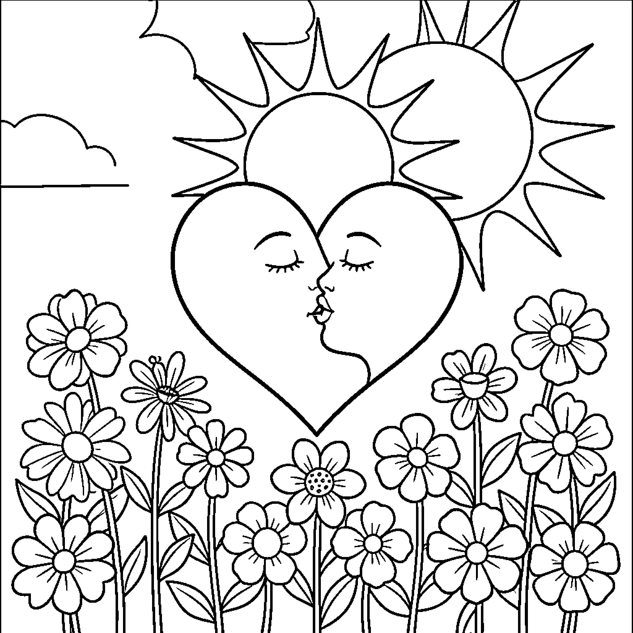 Heart-shaped sun embracing flowers in nature Coloring Page (free black-and-white line drawing printable PDF for all, from beginners to advanced learners, including children, teens, adults, and seniors)