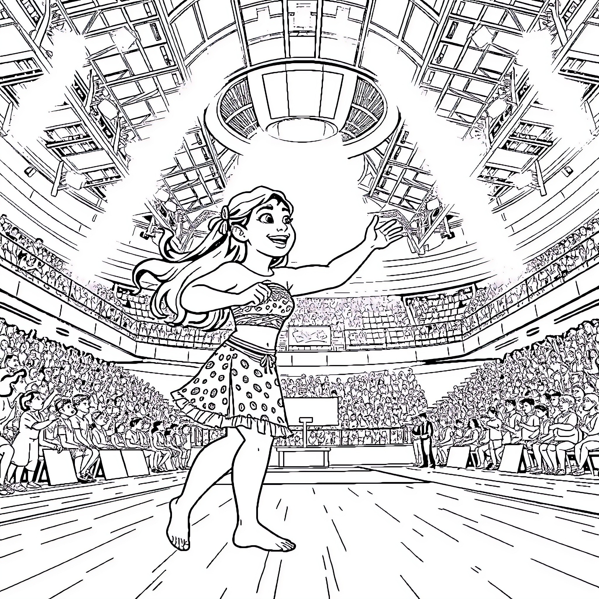 Moana performing on stage with crowd Coloring Page (free black-and-white line drawing printable PDF for all, from beginners to advanced learners, including children, teens, adults, and seniors)