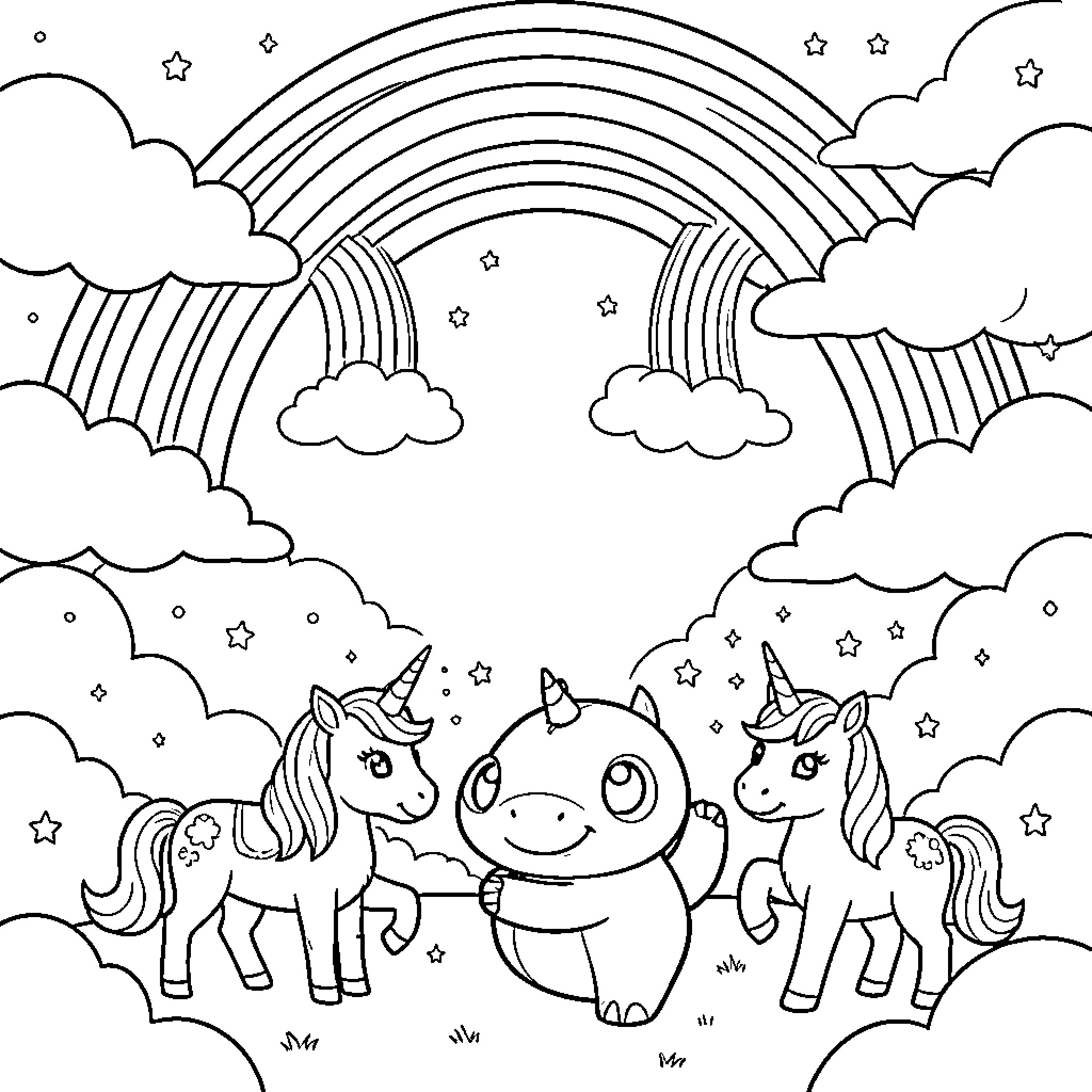 Unicorns smiling joyfully under a large rainbow Coloring Page (free black-and-white line drawing printable PDF for all, from beginners to advanced learners, including children, teens, adults, and seniors)