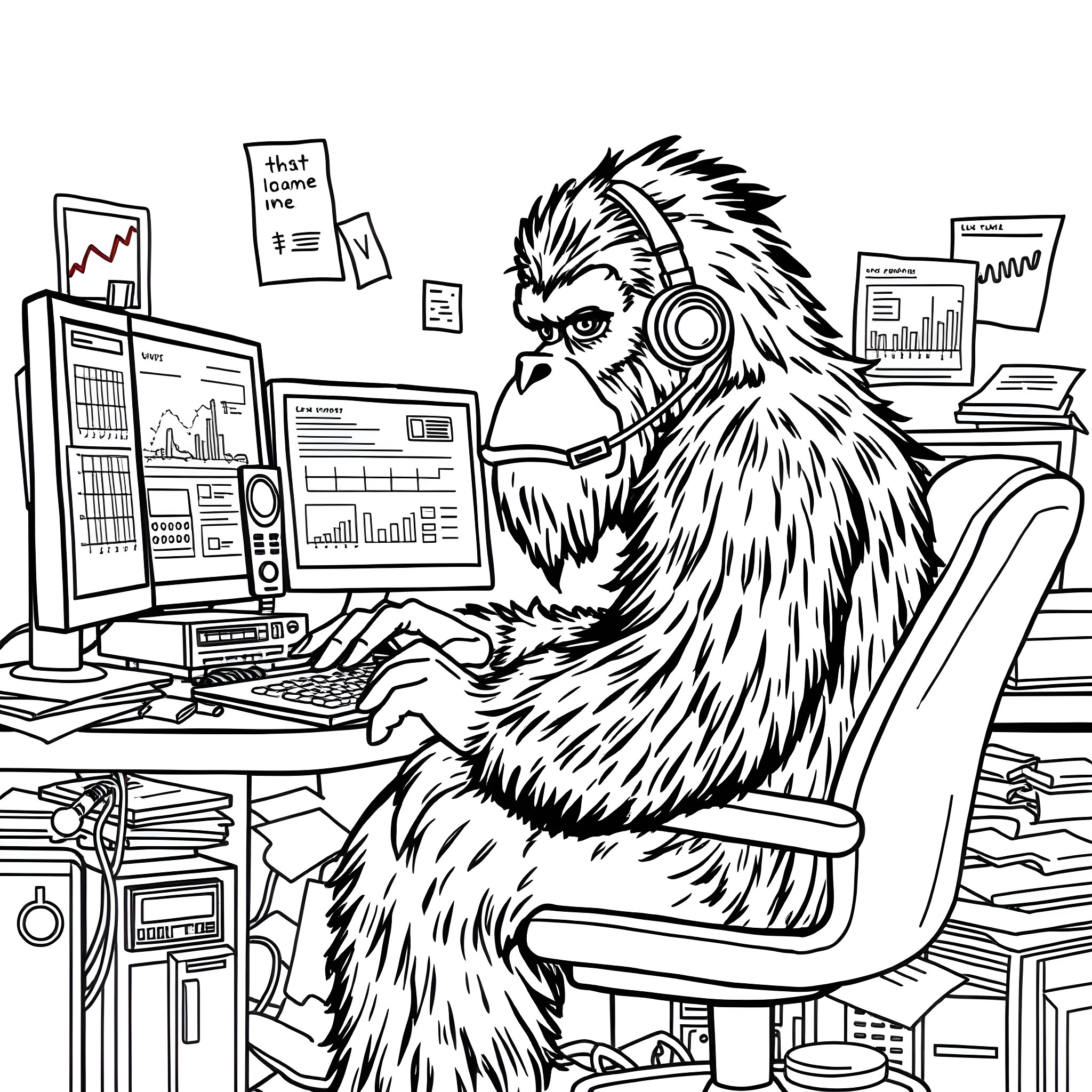 Bigfoot working diligently at computer in office Coloring Page (free black-and-white line drawing printable PDF for all, from beginners to advanced learners, including children, teens, adults, and seniors)
