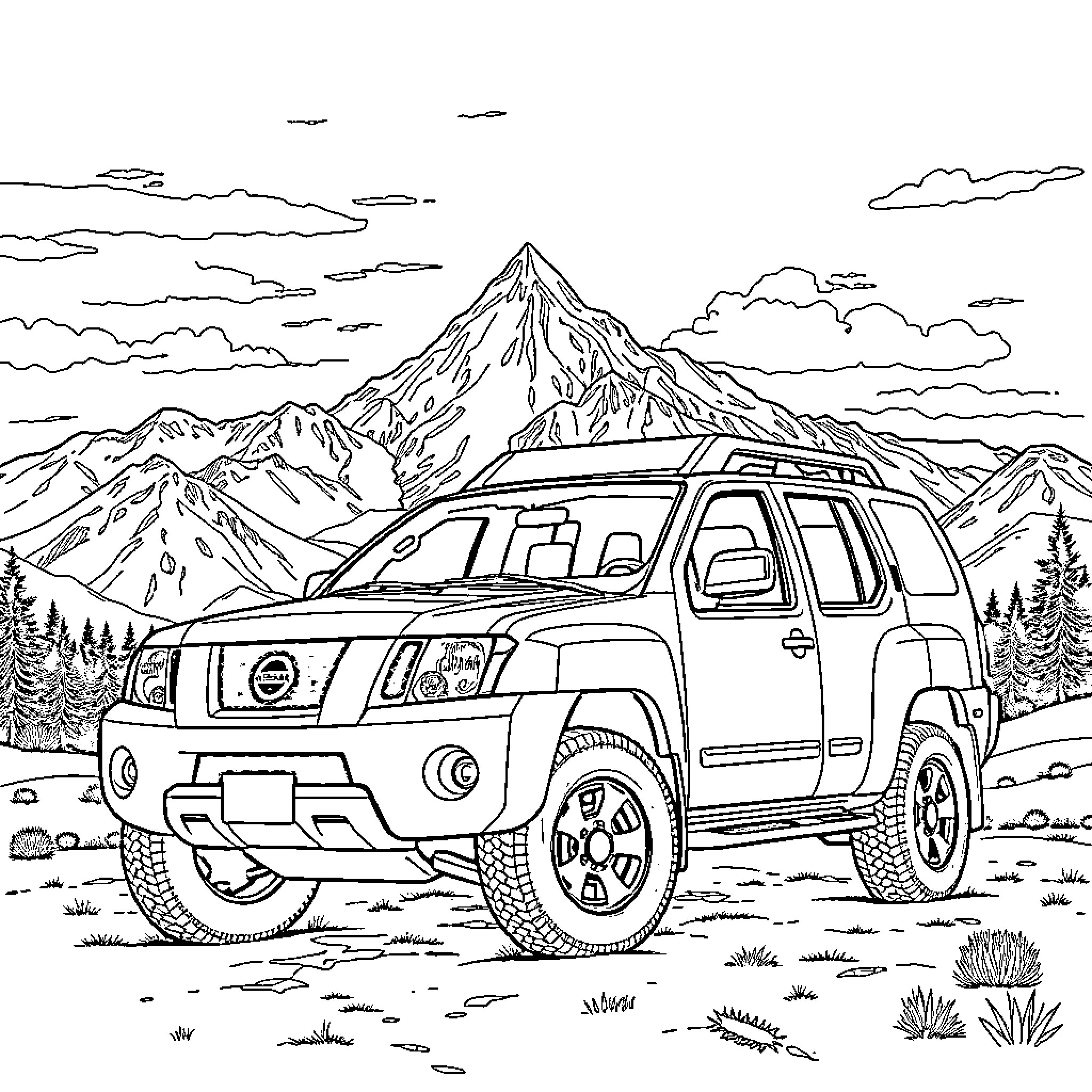 Nissan Xterra driving through rugged mountain landscape Coloring Page (free black-and-white line drawing printable PDF for all, from beginners to advanced learners, including children, teens, adults, and seniors)