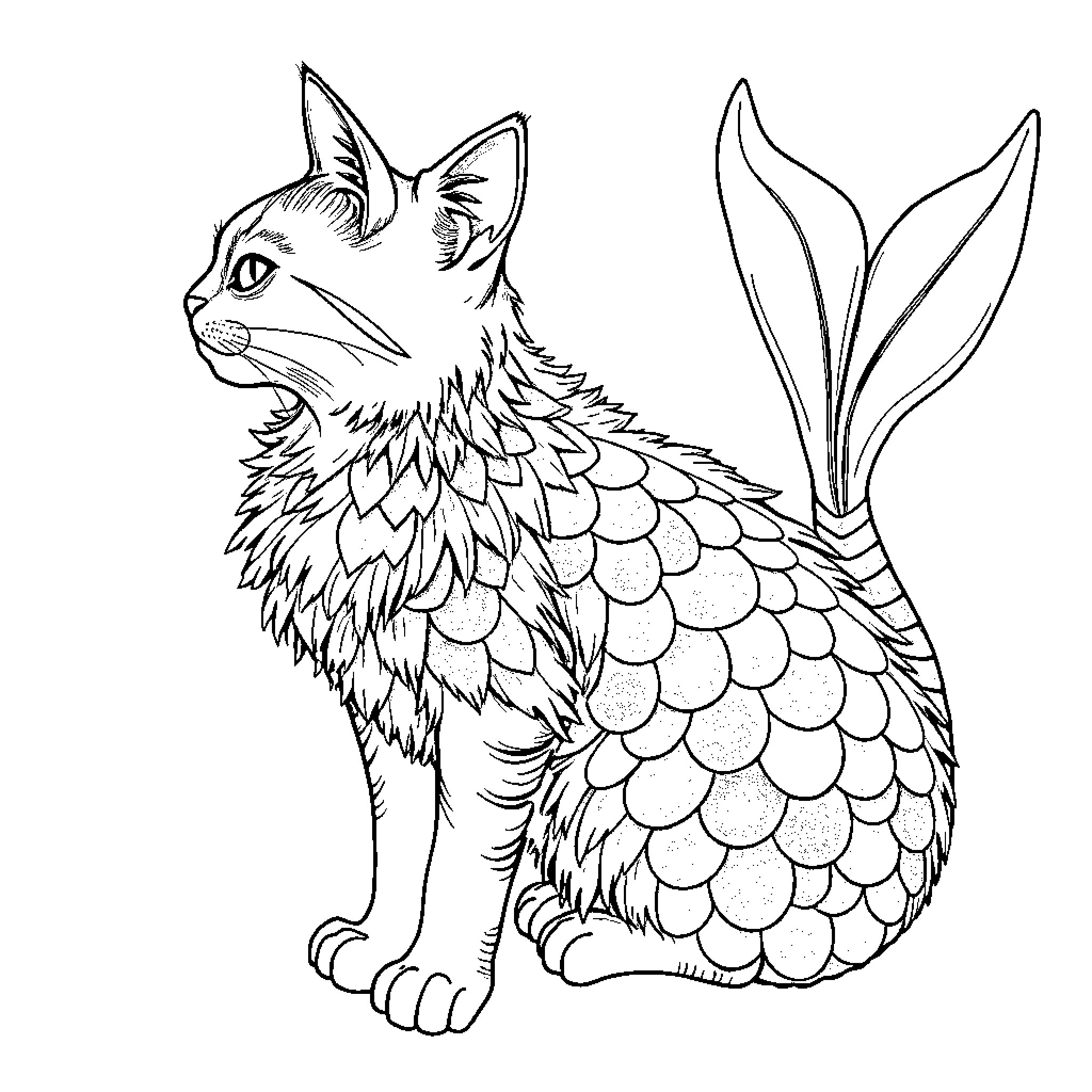 Mermaid Cat with Whimsical Scales Coloring Page (free black-and-white line drawing printable PDF for all, from beginners to advanced learners, including children, teens, adults, and seniors)