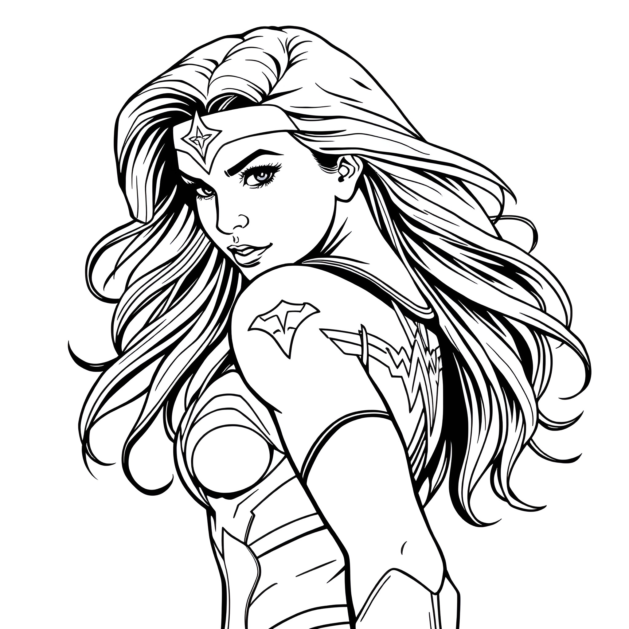 Wonder Woman in heroic pose with flowing hair Coloring Page (free black-and-white line drawing printable PDF for all, from beginners to advanced learners, including children, teens, adults, and seniors)