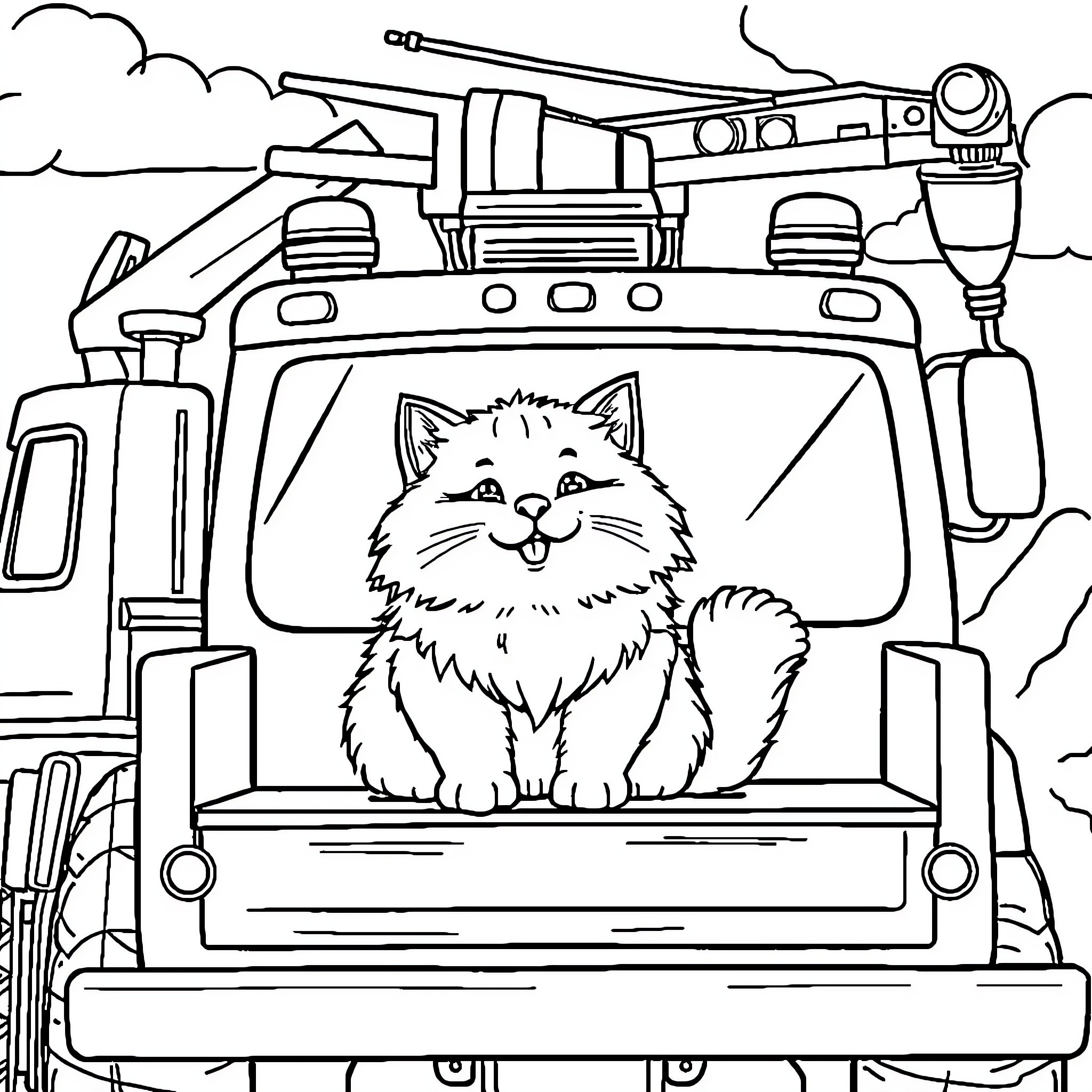 Cat riding in the fire truck Coloring Page (free black-and-white line drawing printable PDF for all, from beginners to advanced learners, including children, teens, adults, and seniors)
