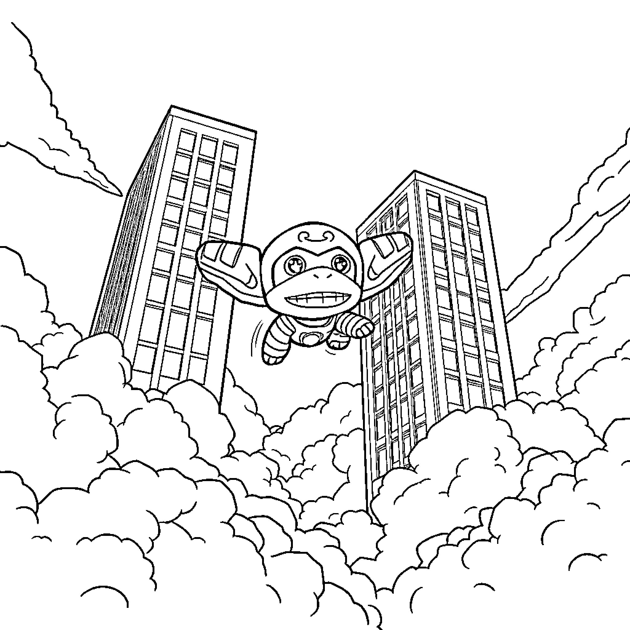 Chopper soars through the city skyline Coloring Page (free black-and-white line drawing printable PDF for all, from beginners to advanced learners, including children, teens, adults, and seniors)