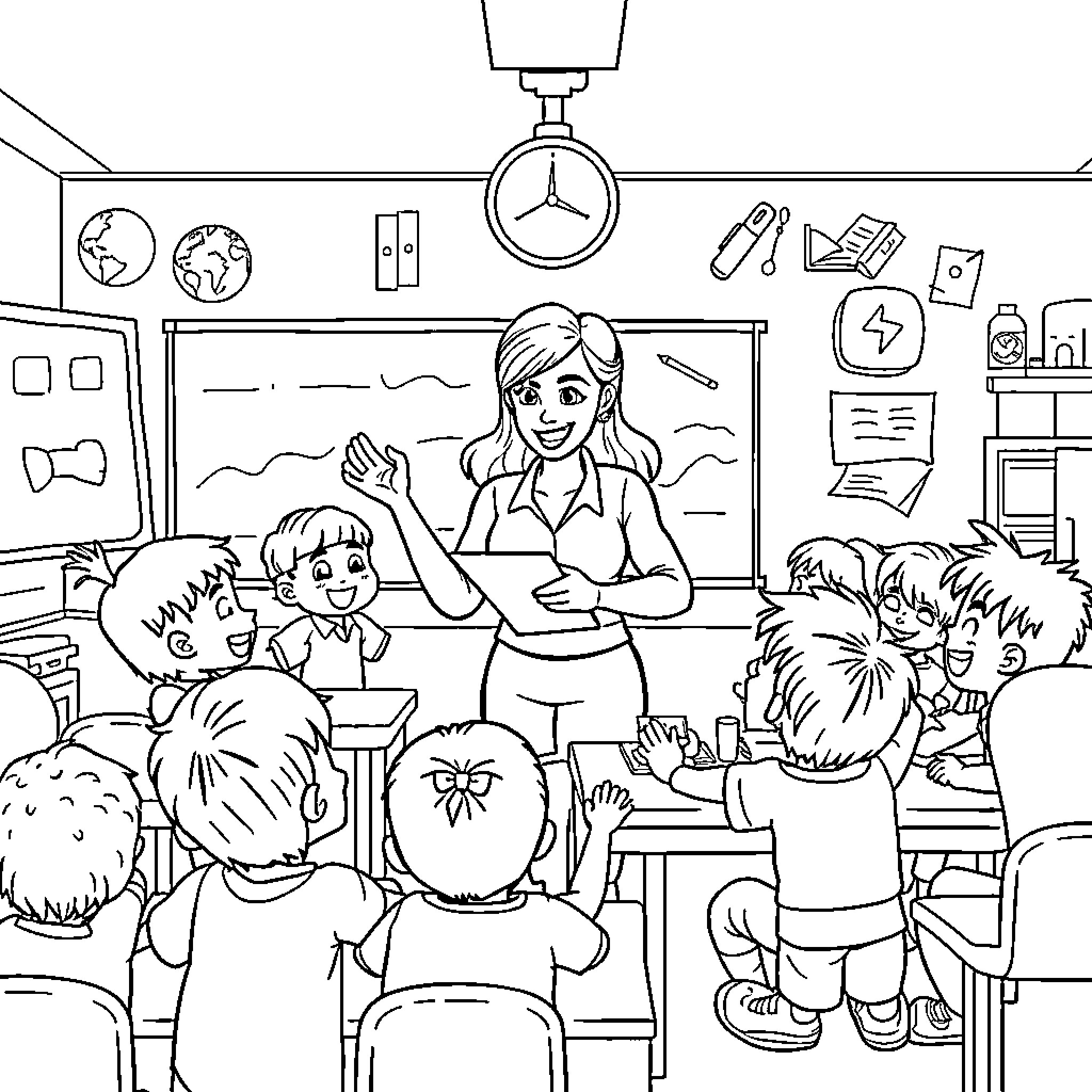 Teacher interacting with students in classroom Coloring Page (free black-and-white line drawing printable PDF for all, from beginners to advanced learners, including children, teens, adults, and seniors)