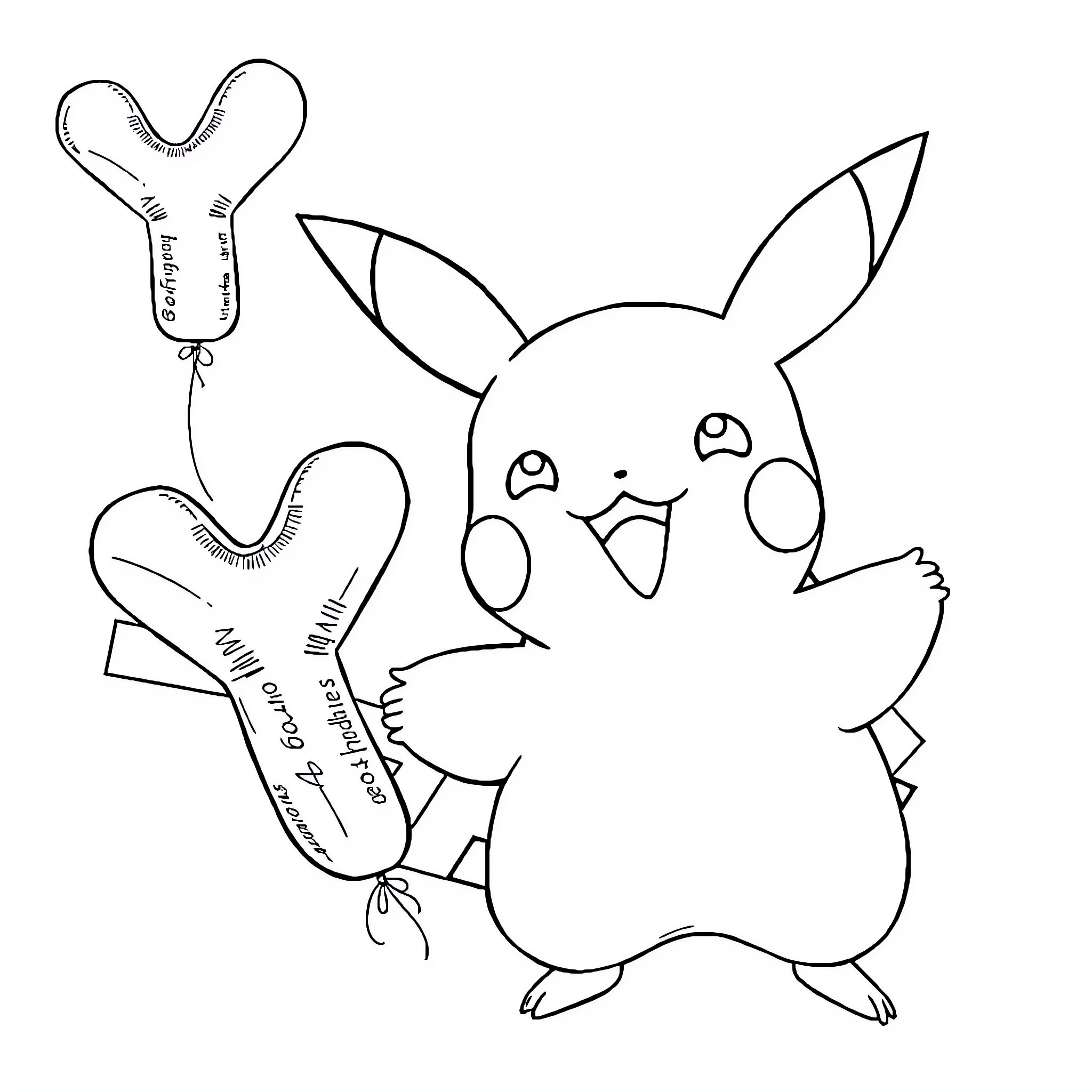 Pikachu holding heart-shaped balloon Coloring Page (free black-and-white line drawing printable PDF for all, from beginners to advanced learners, including children, teens, adults, and seniors)