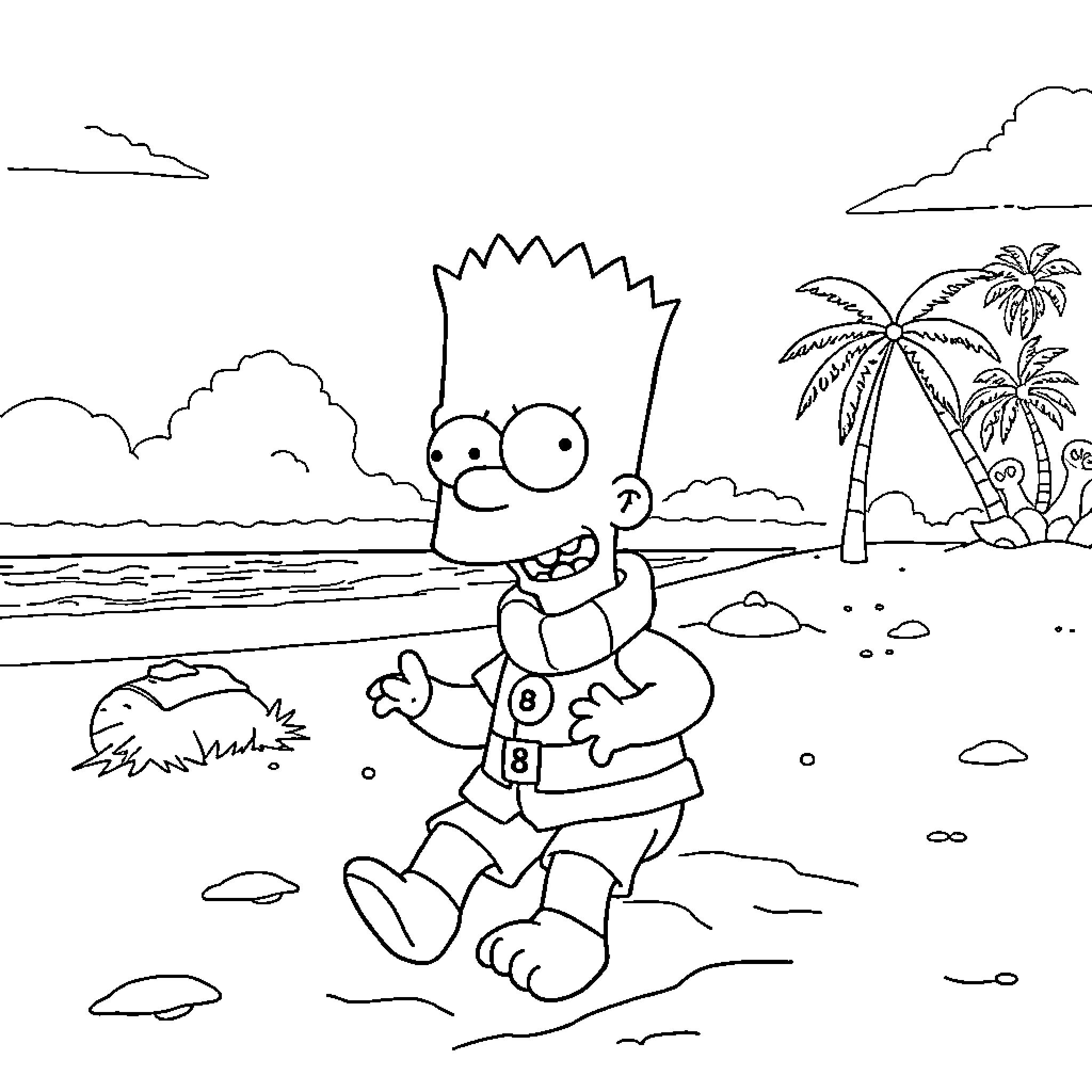 Bart Simpson enjoying a day at the beach Coloring Page (free black-and-white line drawing printable PDF for all, from beginners to advanced learners, including children, teens, adults, and seniors)