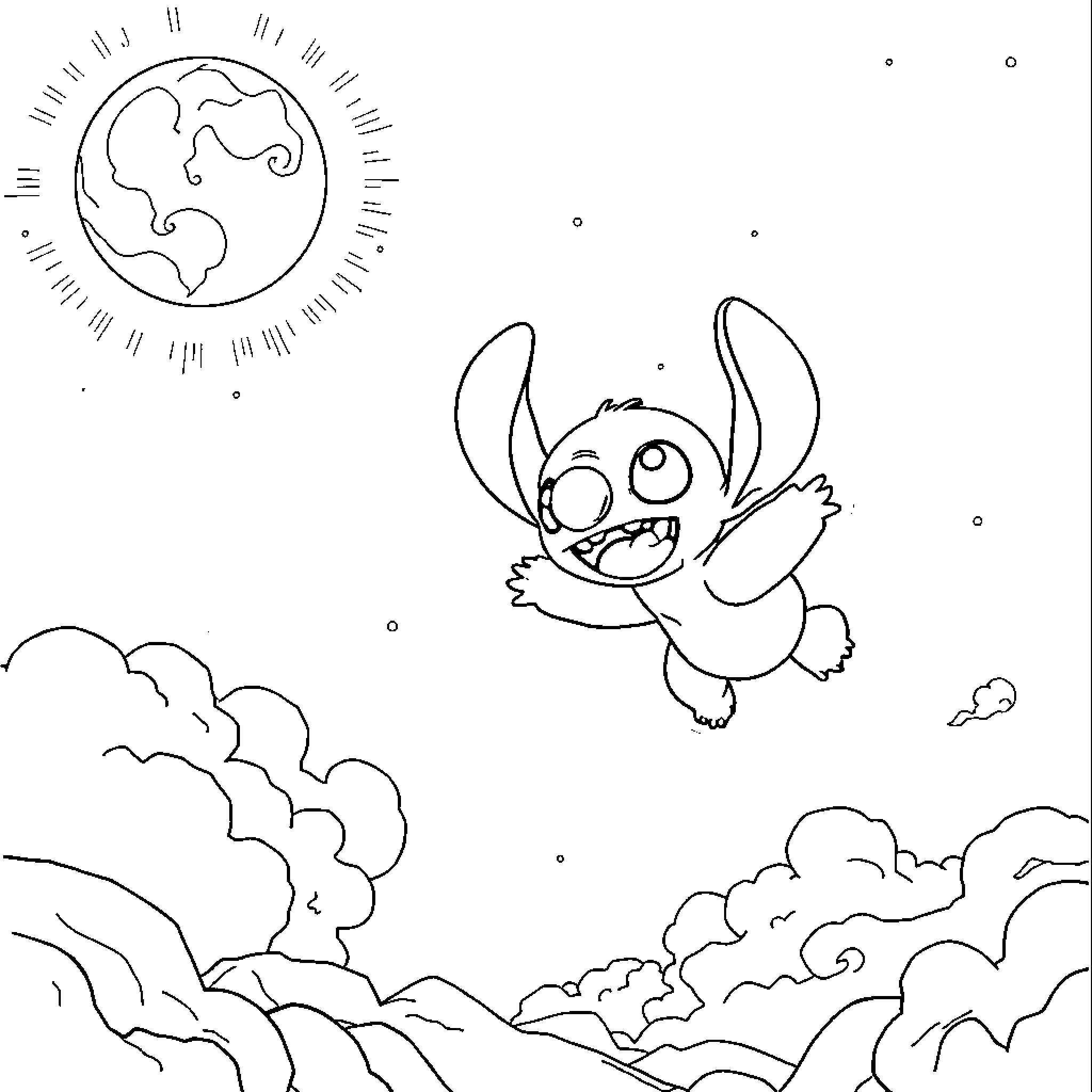 Stitch exploring the galaxy at night Coloring Page (free black-and-white line drawing printable PDF for all, from beginners to advanced learners, including children, teens, adults, and seniors)