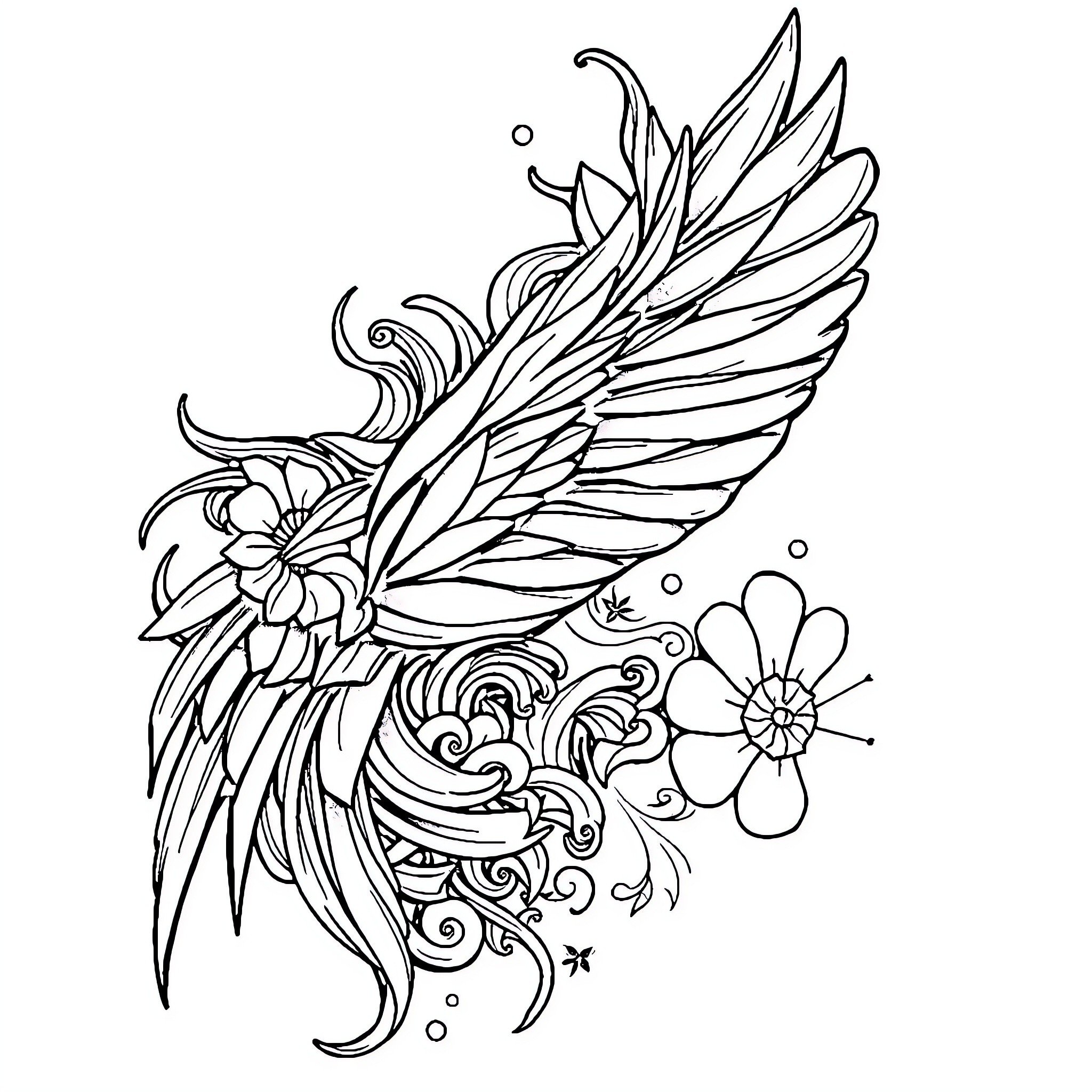 Tattoo of intricate floral and wing designs Coloring Page (free black-and-white line drawing printable PDF for all, from beginners to advanced learners, including children, teens, adults, and seniors)