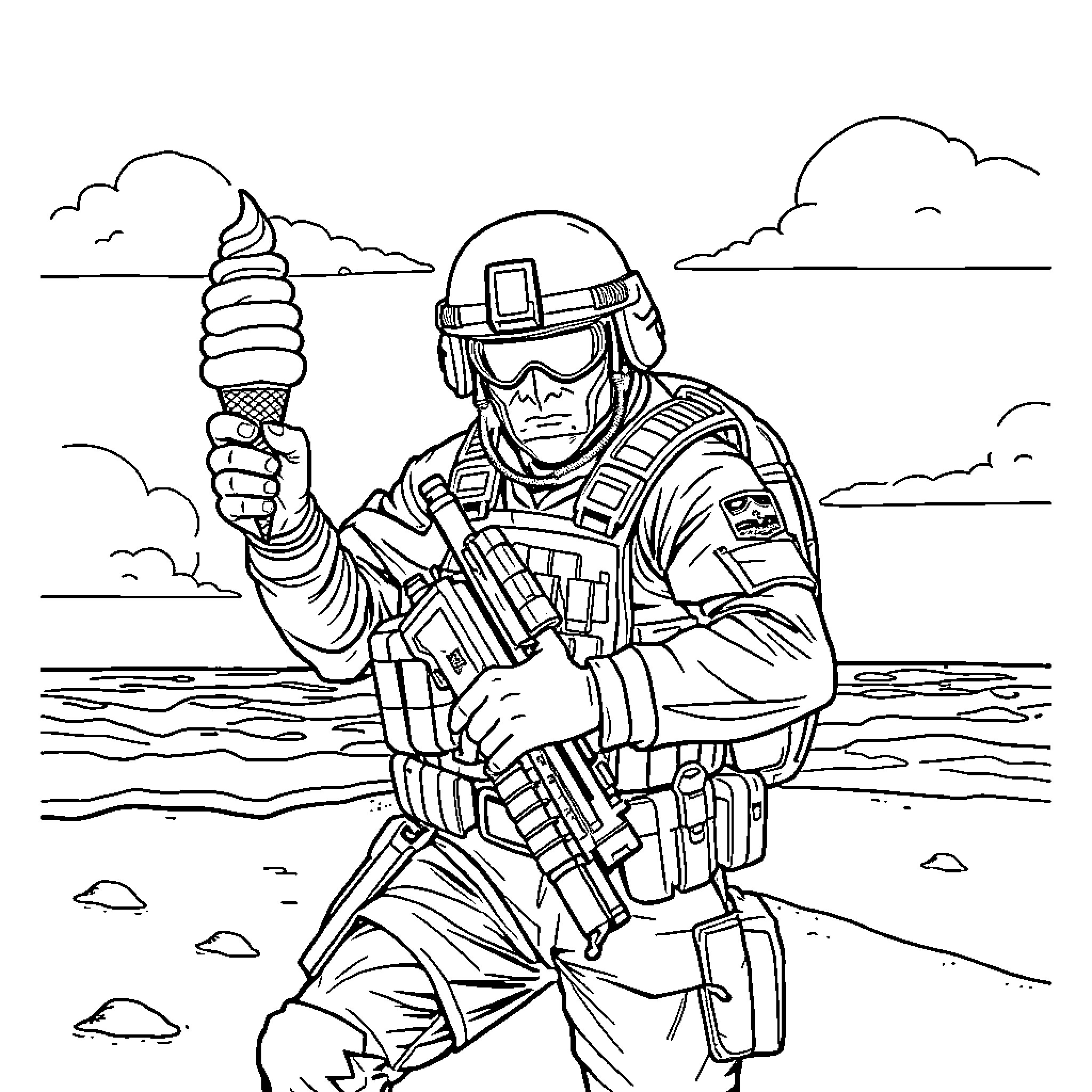 Marine Soldier Holding Ice Cream on Beachfront Coloring Page (free black-and-white line drawing printable PDF for all, from beginners to advanced learners, including children, teens, adults, and seniors)