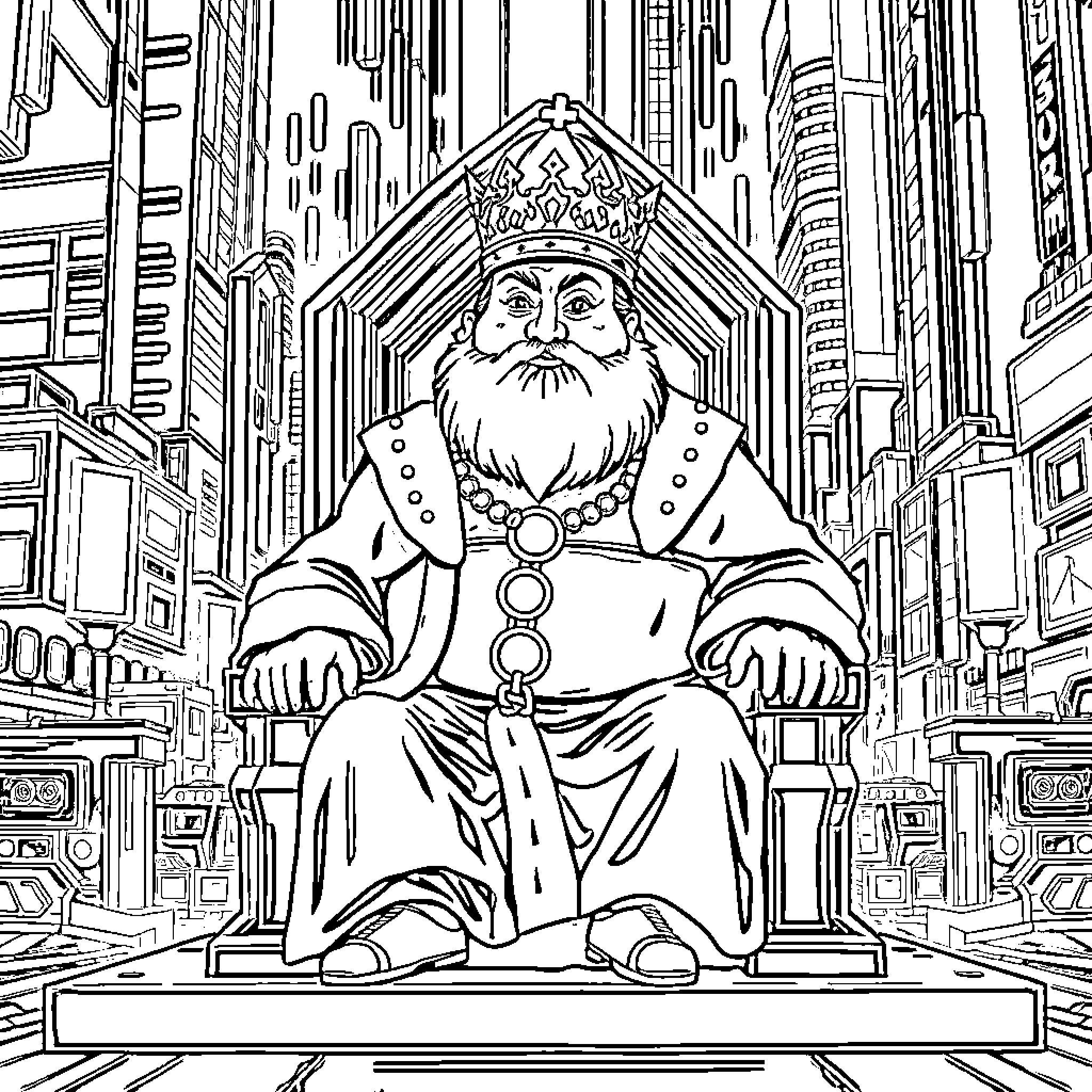 King Enthroned in Regal Splendor Coloring Page (free black-and-white line drawing printable PDF for all, from beginners to advanced learners, including children, teens, adults, and seniors)
