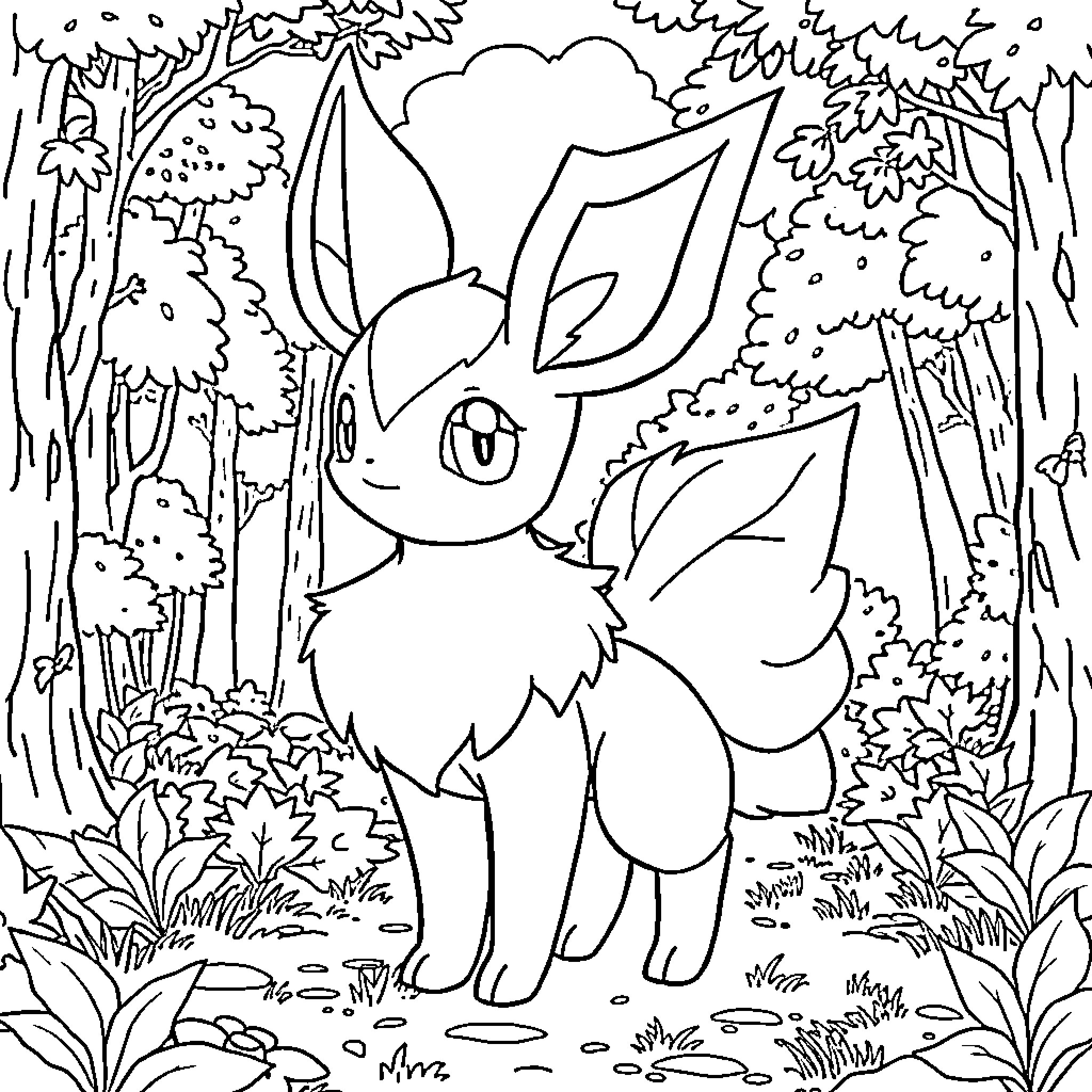 Leafeon exploring the enchanting forest Coloring Page (free black-and-white line drawing printable PDF for all, from beginners to advanced learners, including children, teens, adults, and seniors)