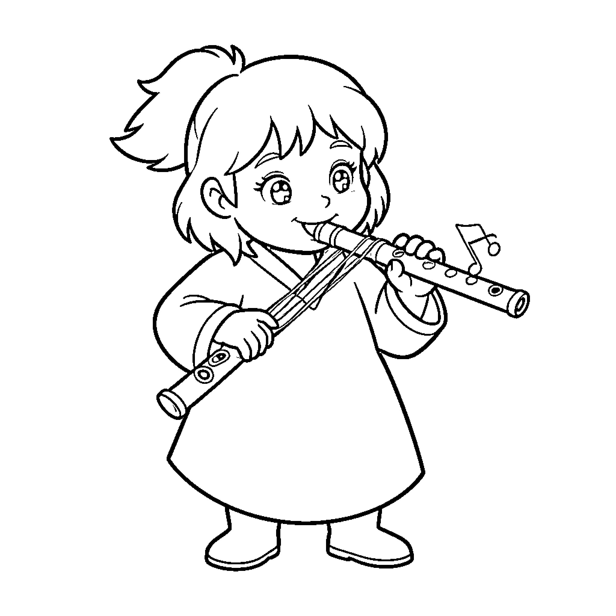 Grogou little girl playing a musical flute Coloring Page (free black-and-white line drawing printable PDF for all, from beginners to advanced learners, including children, teens, adults, and seniors)