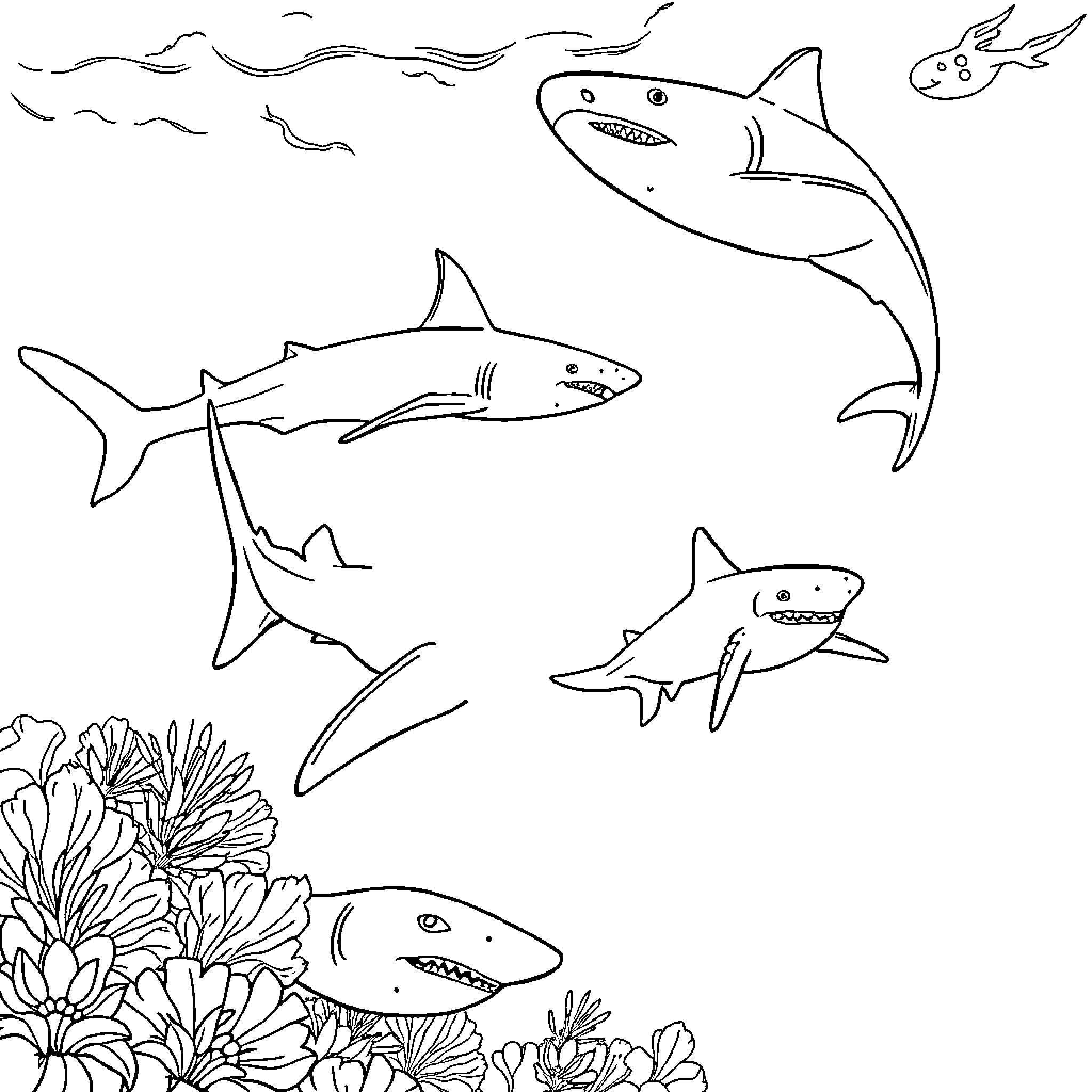 Shark family swimming in the ocean Coloring Page (free black-and-white line drawing printable PDF for all, from beginners to advanced learners, including children, teens, adults, and seniors)