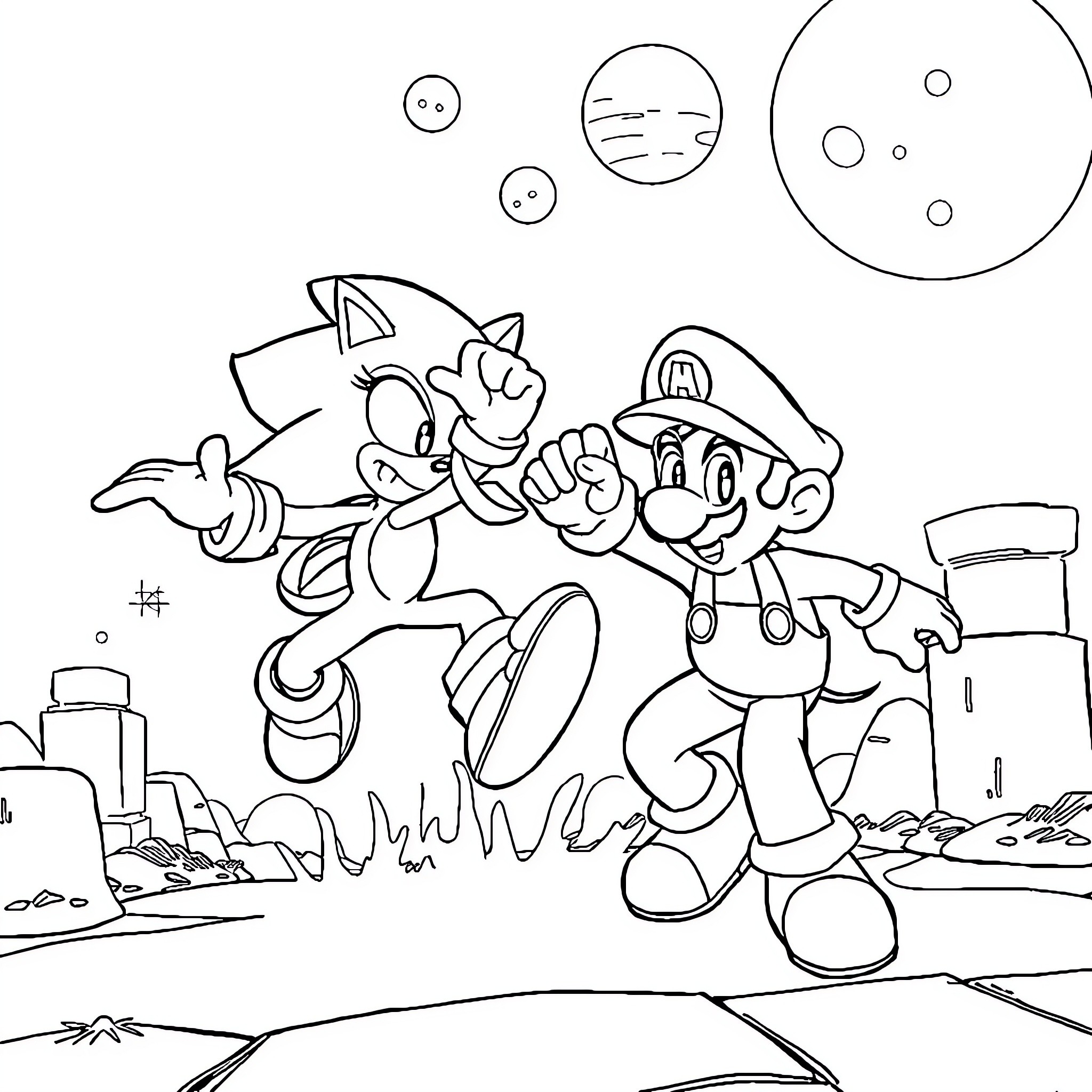 Sonic and Mario on an adventure in the city Coloring Page (free black-and-white line drawing printable PDF for all, from beginners to advanced learners, including children, teens, adults, and seniors)