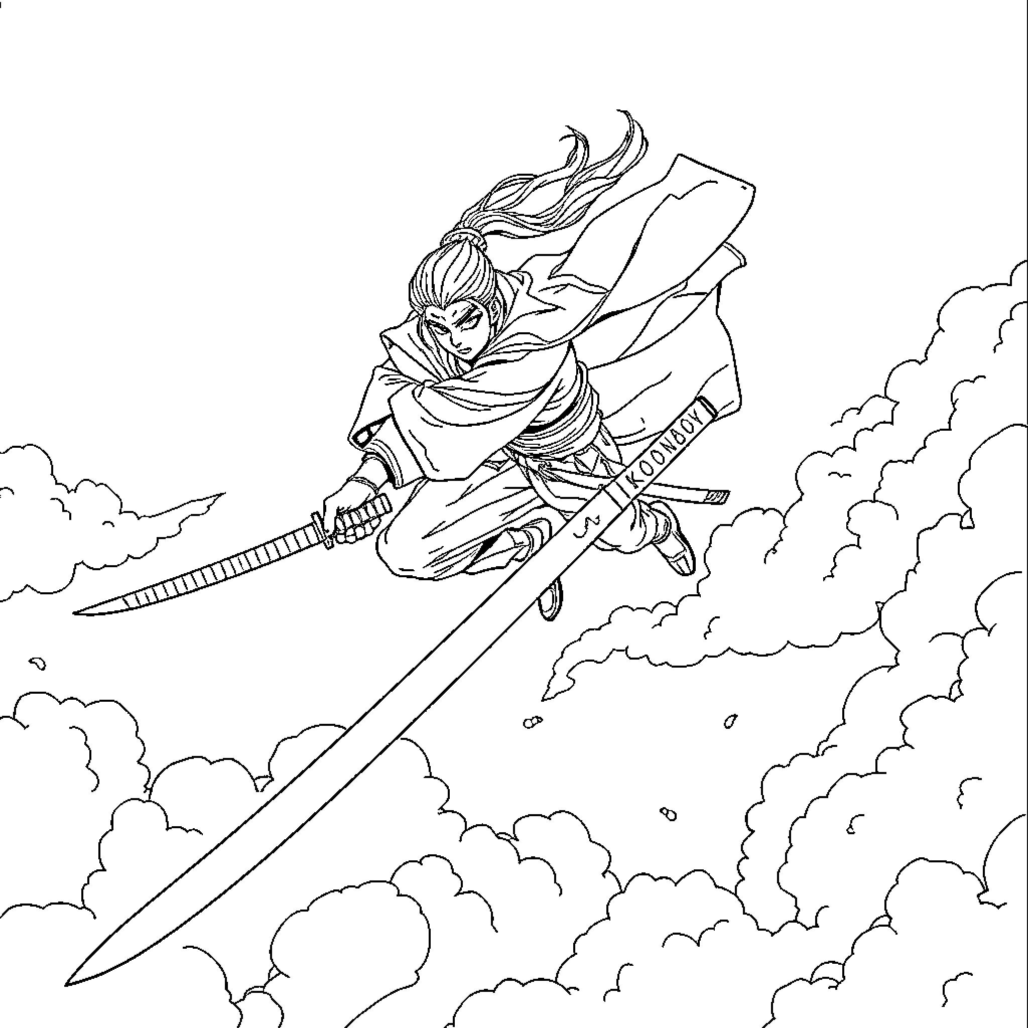 Shinobu soaring through the clouds with sword in hand Coloring Page (free black-and-white line drawing printable PDF for all, from beginners to advanced learners, including children, teens, adults, and seniors)