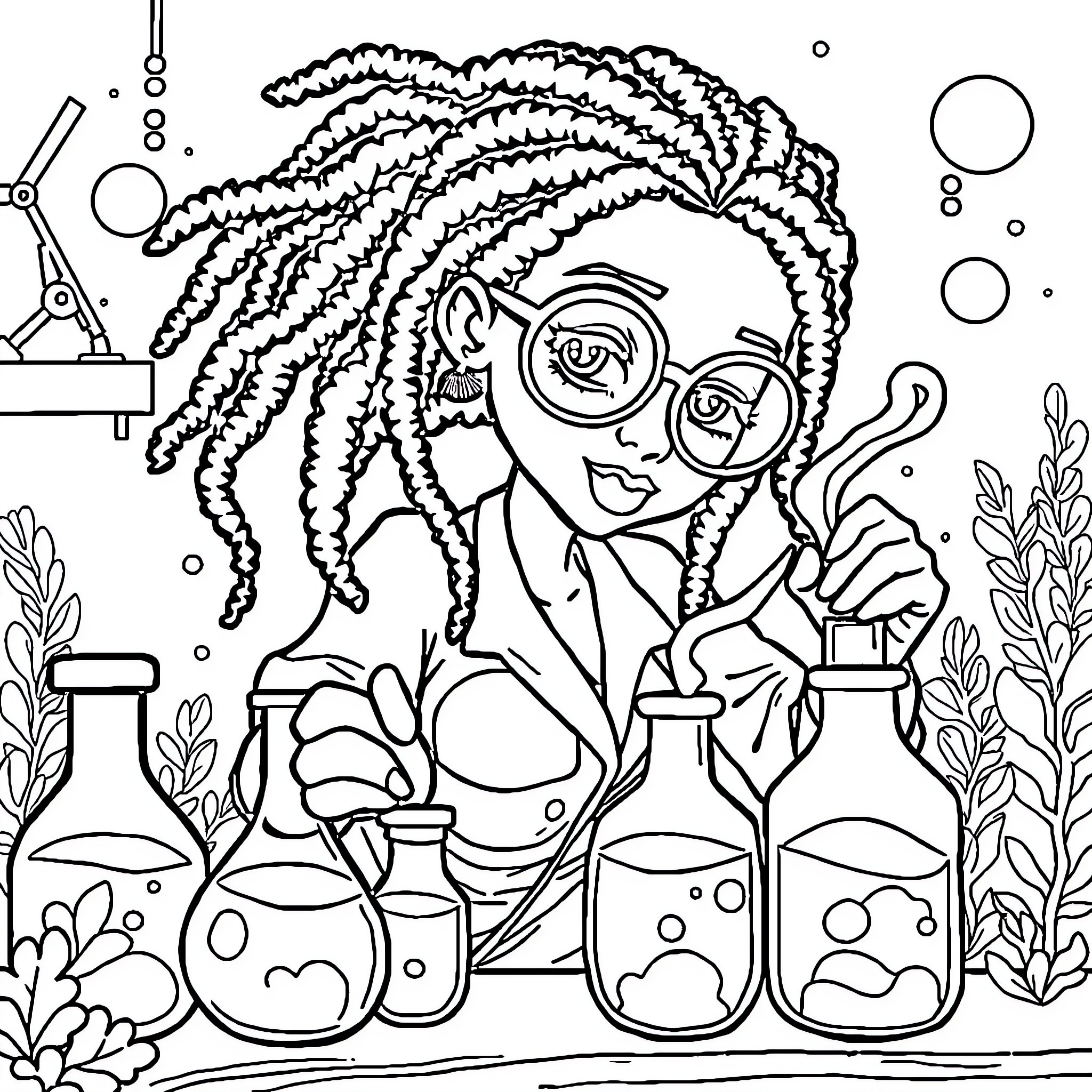 Mermaid conducting scientific experiments in an underwater laboratory Coloring Page (free black-and-white line drawing printable PDF for all, from beginners to advanced learners, including children, teens, adults, and seniors)