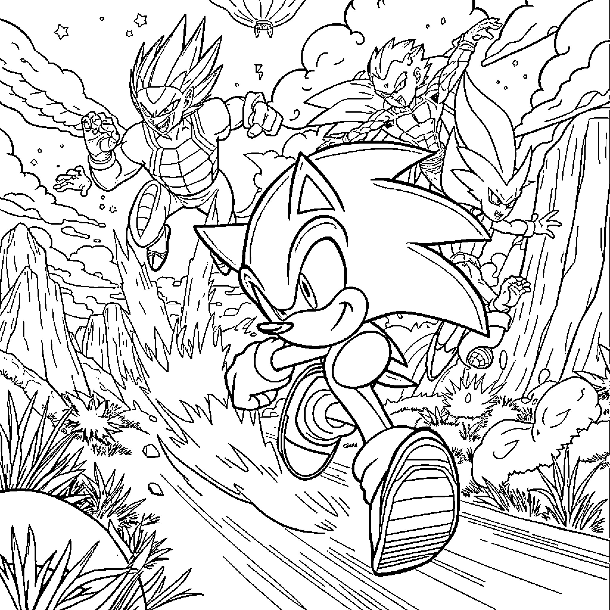 Sonic's Thrilling Adventure in the Whimsical World Coloring Page (free black-and-white line drawing printable PDF for all, from beginners to advanced learners, including children, teens, adults, and seniors)