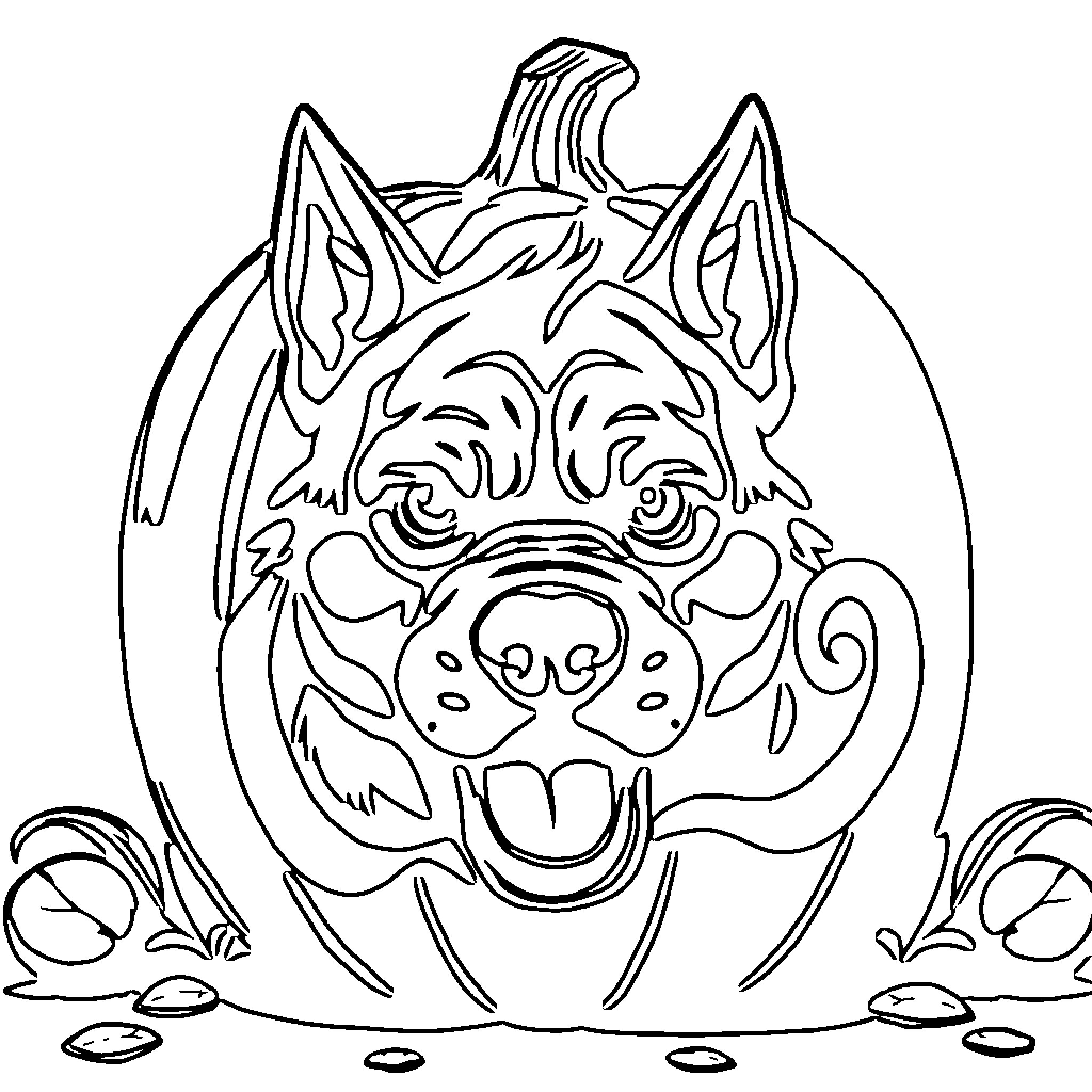 Pumpkin-shaped dog mask with playful expression Coloring Page (free black-and-white line drawing printable PDF for all, from beginners to advanced learners, including children, teens, adults, and seniors)