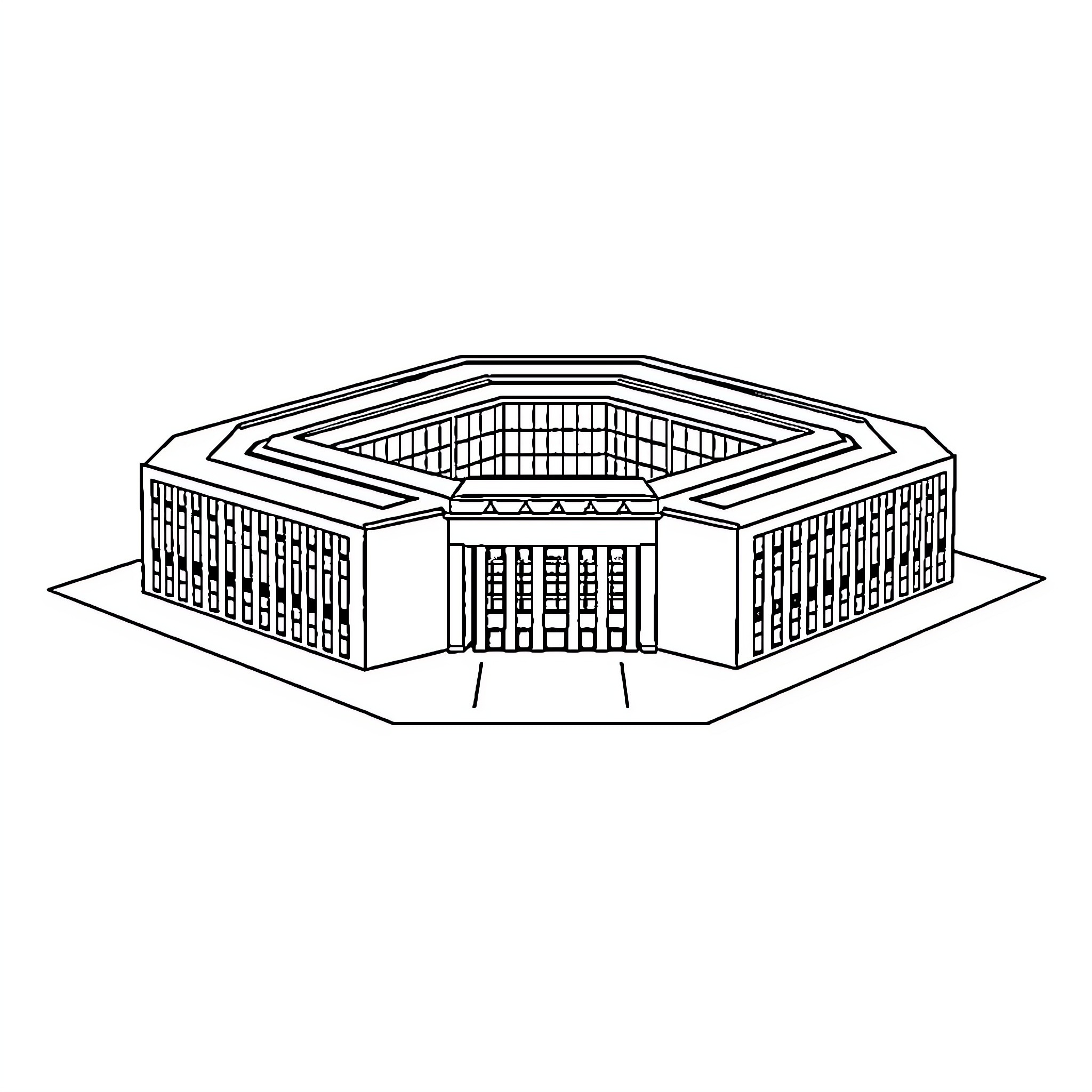 Pentagon Architectural Design with Symmetrical Facade Coloring Page (free black-and-white line drawing printable PDF for all, from beginners to advanced learners, including children, teens, adults, and seniors)