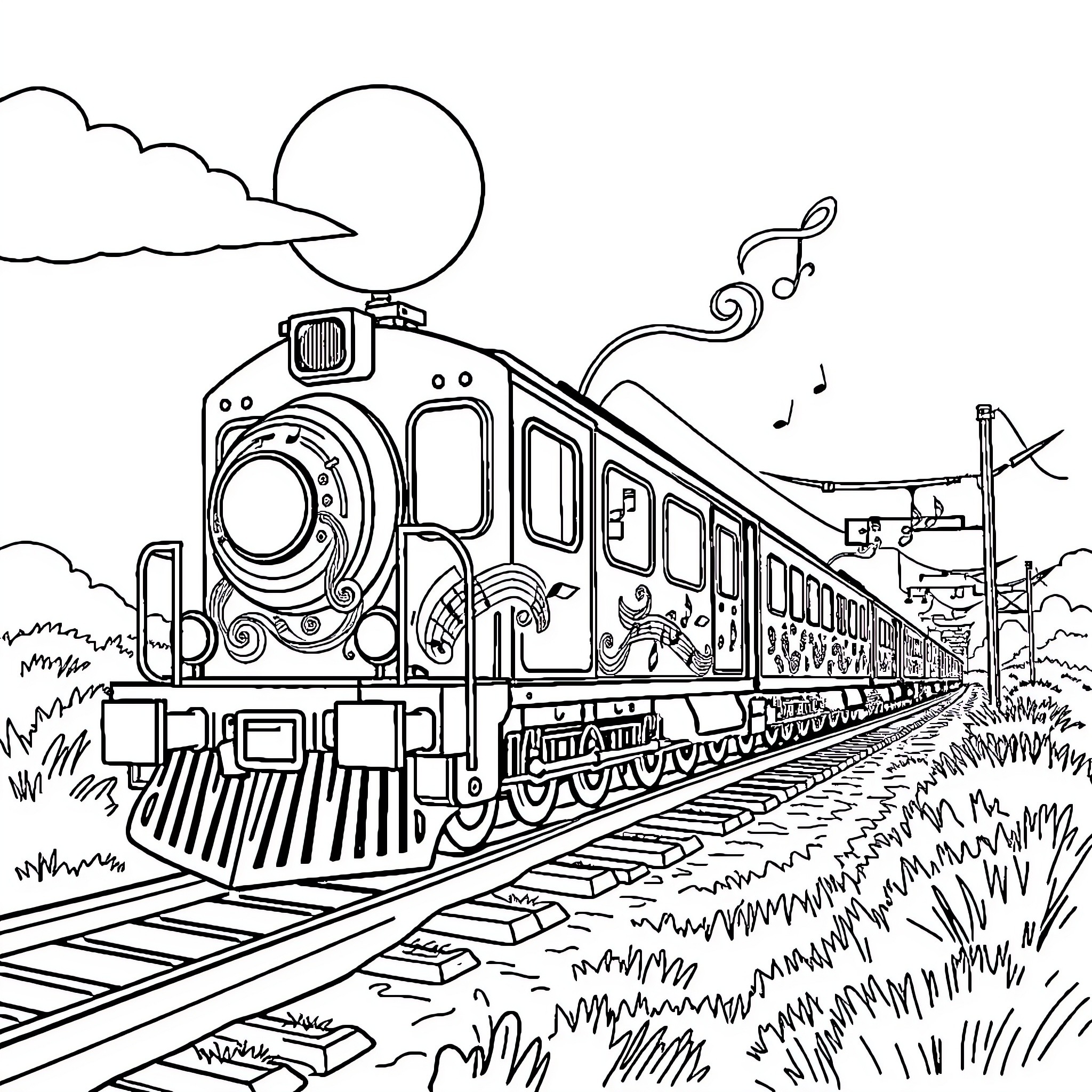 Train traveling through scenic countryside Coloring Page (free black-and-white line drawing printable PDF for all, from beginners to advanced learners, including children, teens, adults, and seniors)