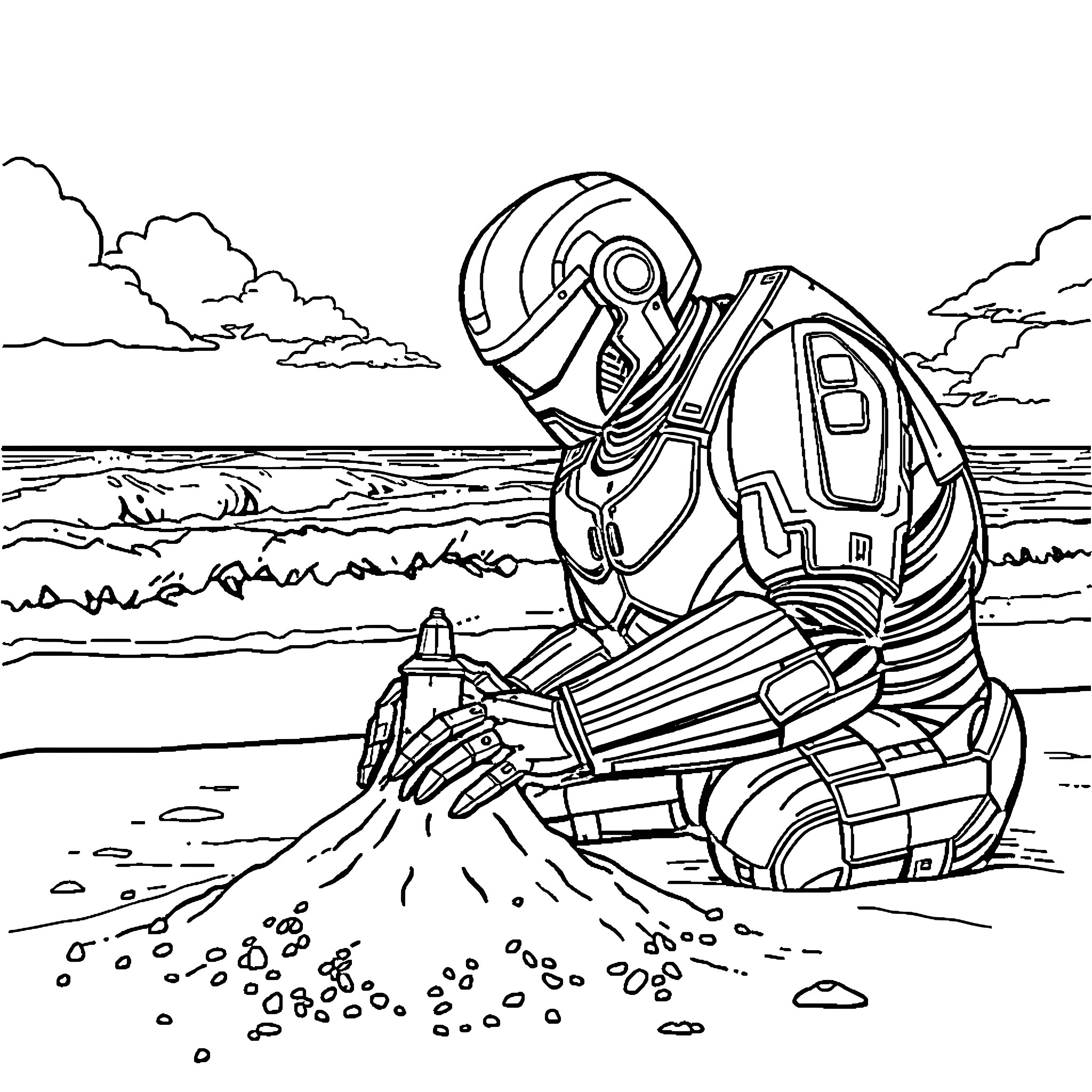 Robocop surveying the dystopian landscape Coloring Page (free black-and-white line drawing printable PDF for all, from beginners to advanced learners, including children, teens, adults, and seniors)