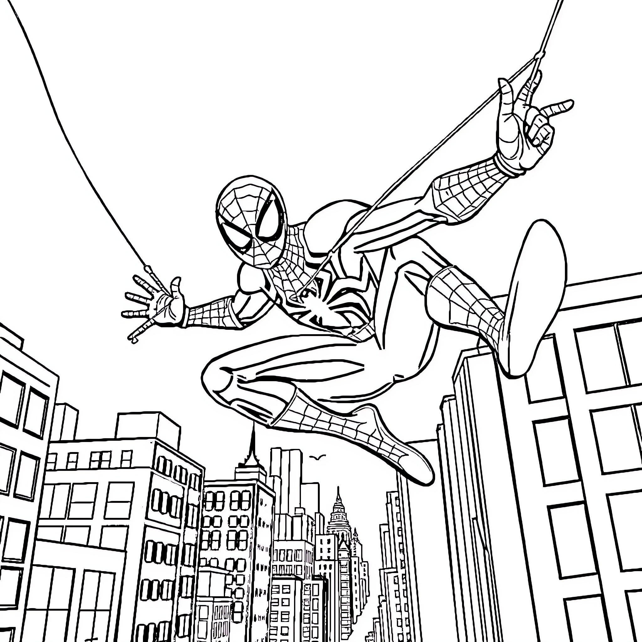 Miles Morales web-slinging through the city skyline Coloring Page (free black-and-white line drawing printable PDF for all, from beginners to advanced learners, including children, teens, adults, and seniors)