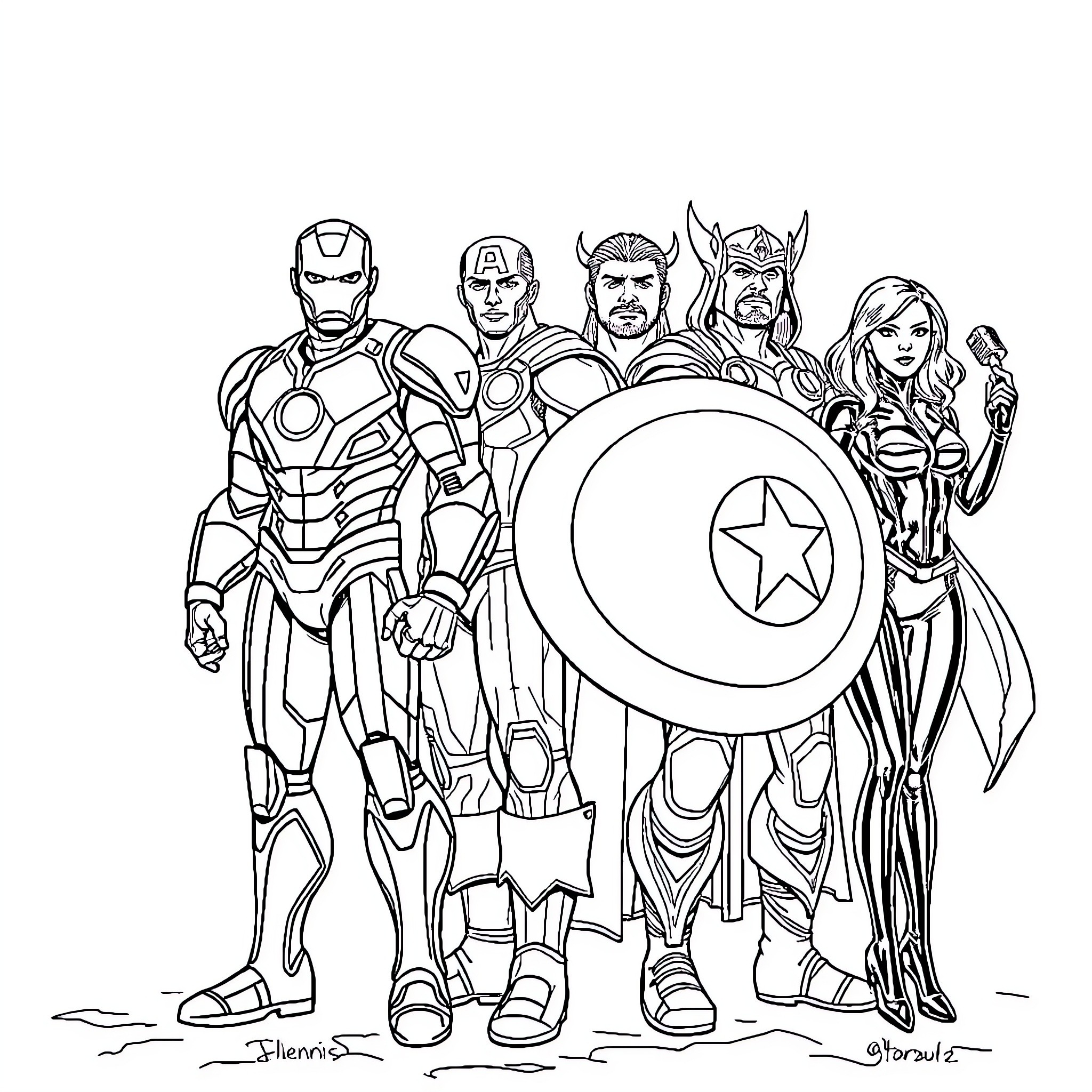 Avenger superheroes in action-packed poses Coloring Page (free black-and-white line drawing printable PDF for all, from beginners to advanced learners, including children, teens, adults, and seniors)