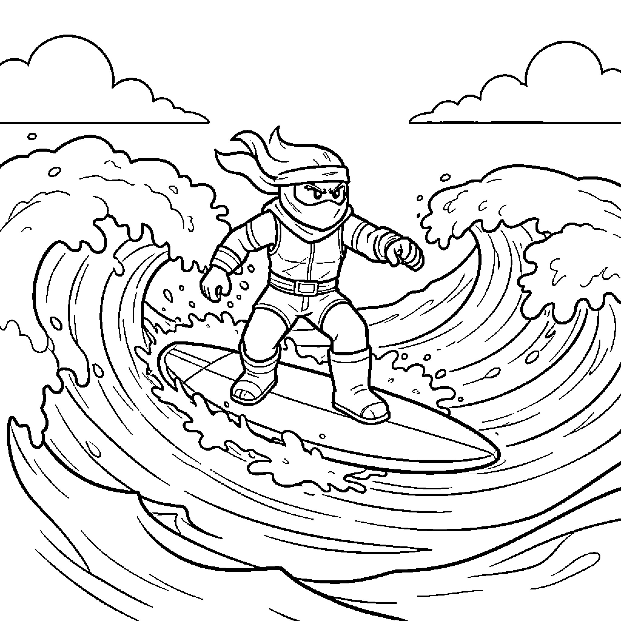 Lloyd surfing bravely on a large ocean wave Coloring Page (free black-and-white line drawing printable PDF for all, from beginners to advanced learners, including children, teens, adults, and seniors)