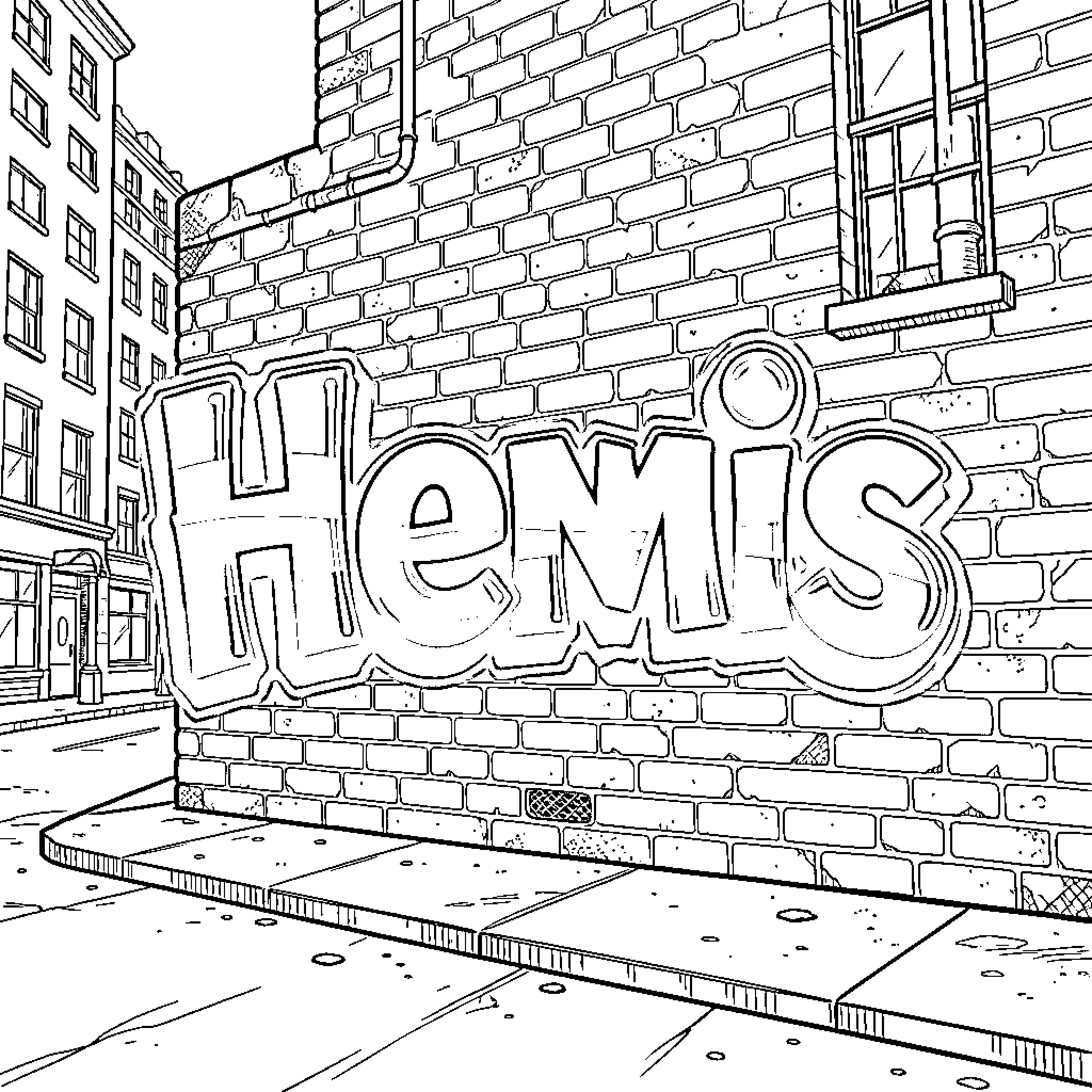 Hemis Graffiti Scene in Urban Alley Coloring Page (free black-and-white line drawing printable PDF for all, from beginners to advanced learners, including children, teens, adults, and seniors)