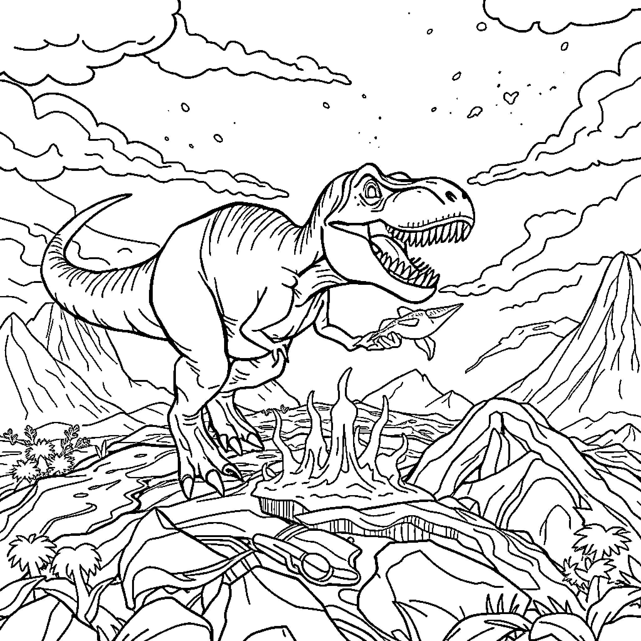 Velociraptor hunting in the prehistoric landscape Coloring Page (free black-and-white line drawing printable PDF for all, from beginners to advanced learners, including children, teens, adults, and seniors)