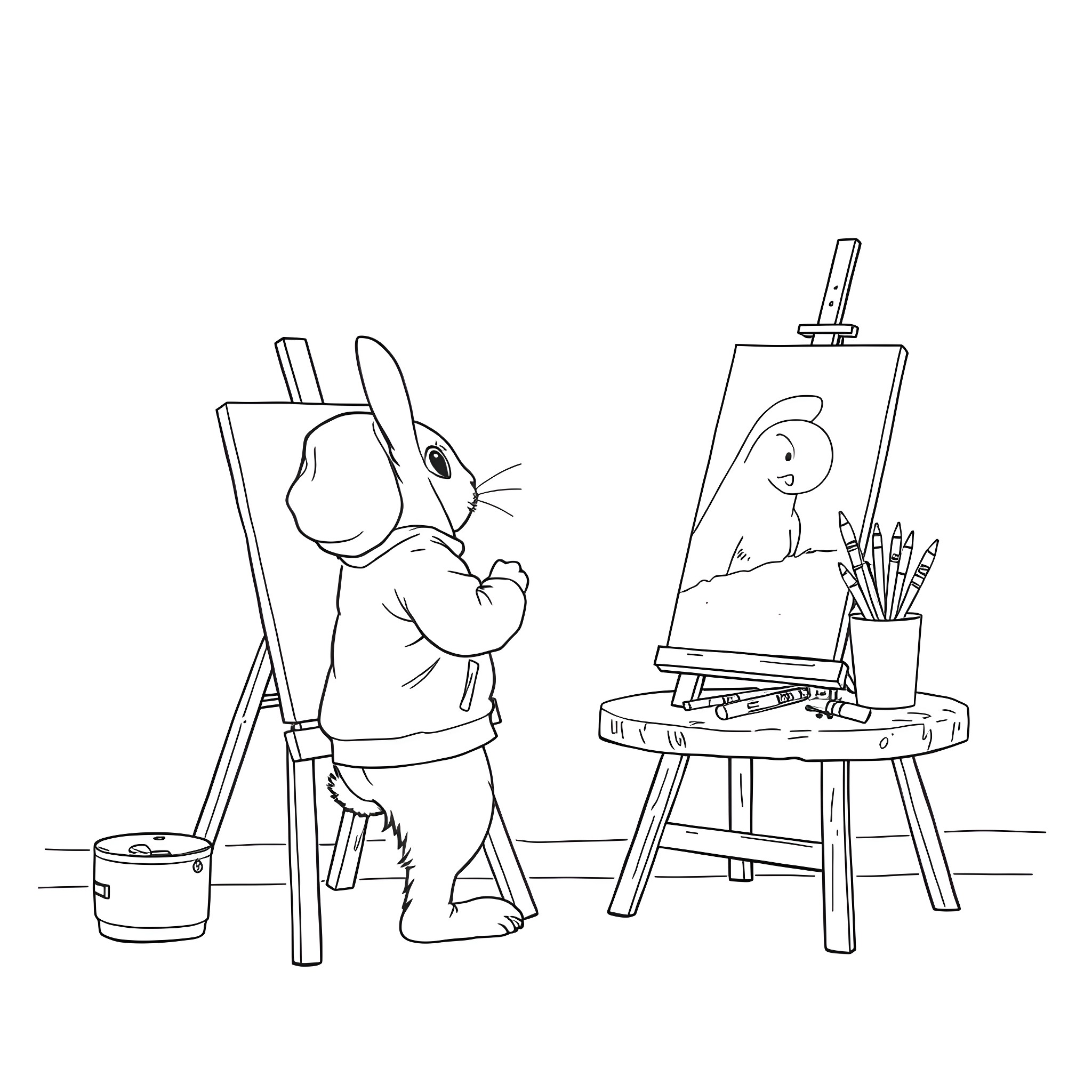 Bunny artist painting on canvas Coloring Page (free black-and-white line drawing printable PDF for all, from beginners to advanced learners, including children, teens, adults, and seniors)