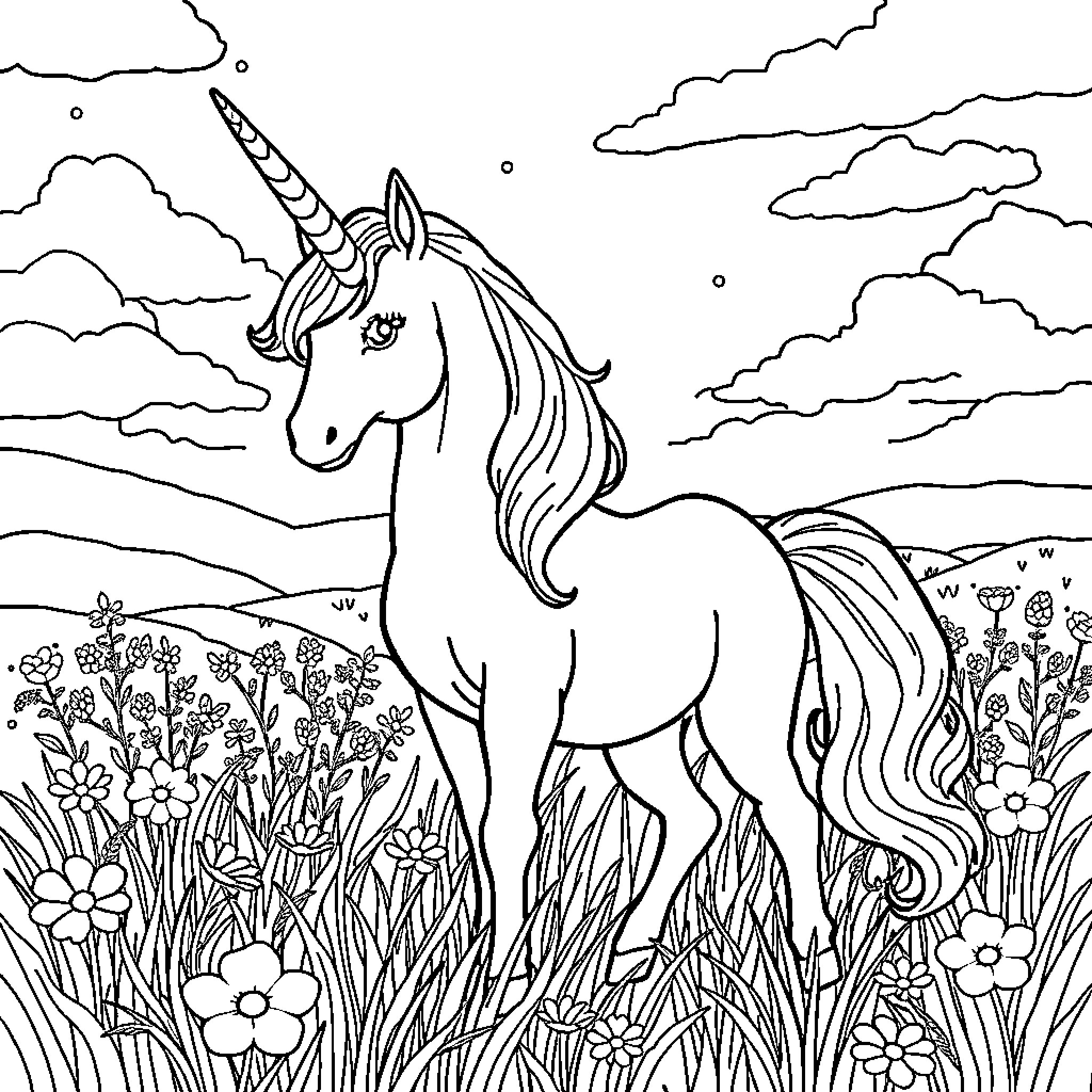 Unicorn wandering through a magical meadow Coloring Page (free black-and-white line drawing printable PDF for all, from beginners to advanced learners, including children, teens, adults, and seniors)