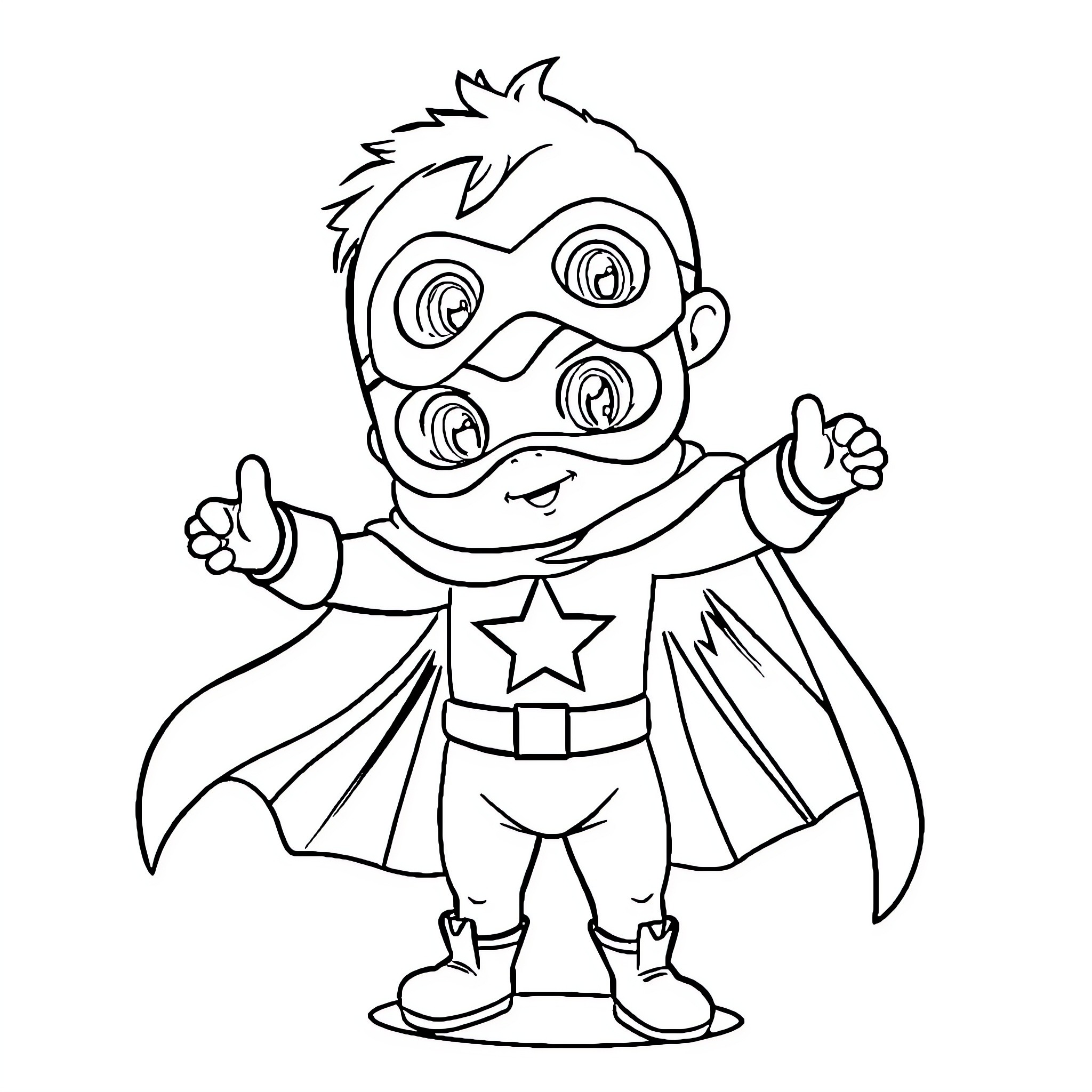 Baby Superhero in action pose Coloring Page (free black-and-white line drawing printable PDF for all, from beginners to advanced learners, including children, teens, adults, and seniors)