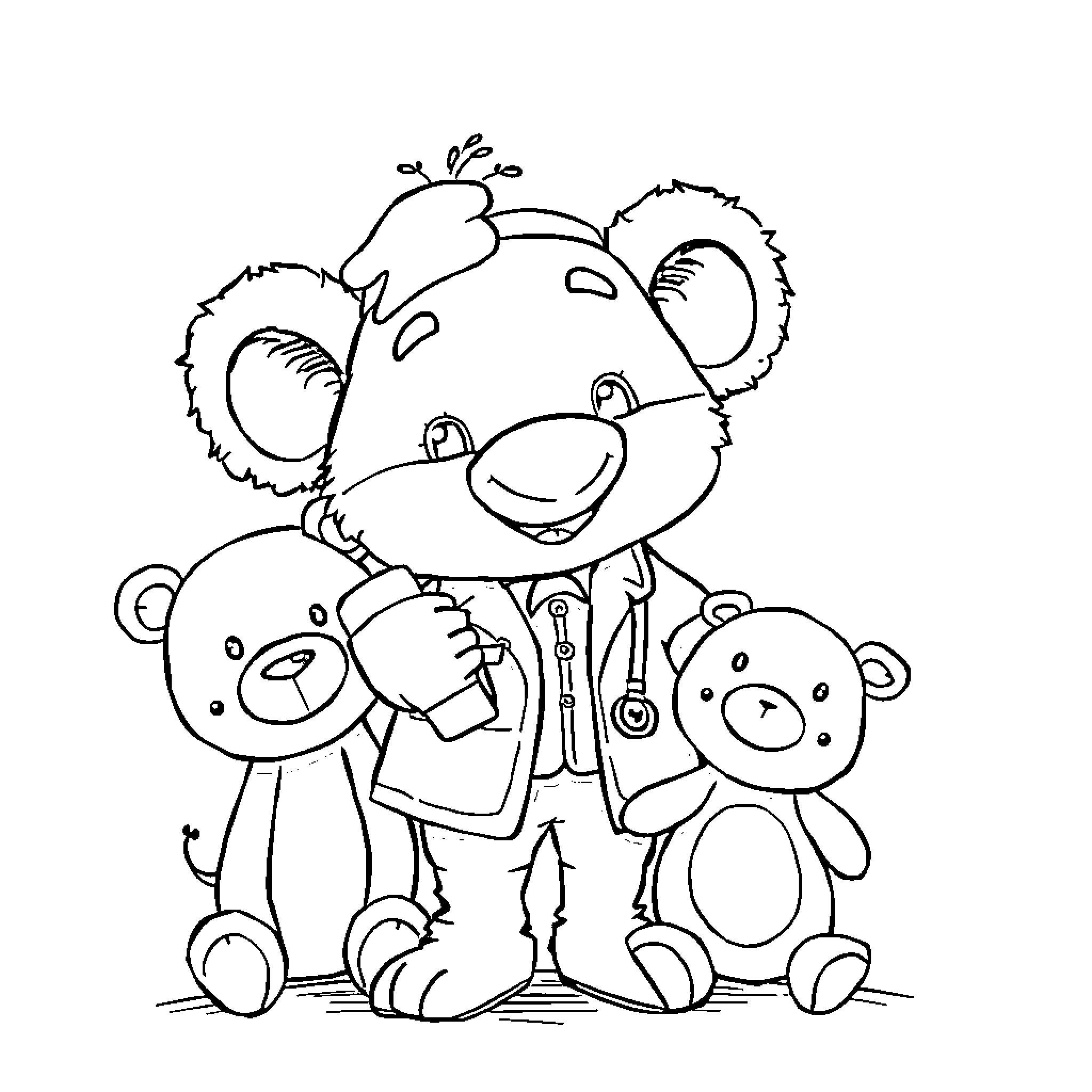 Doc McStuffins Checking on Stuffed Animal Friends Coloring Page (free black-and-white line drawing printable PDF for all, from beginners to advanced learners, including children, teens, adults, and seniors)