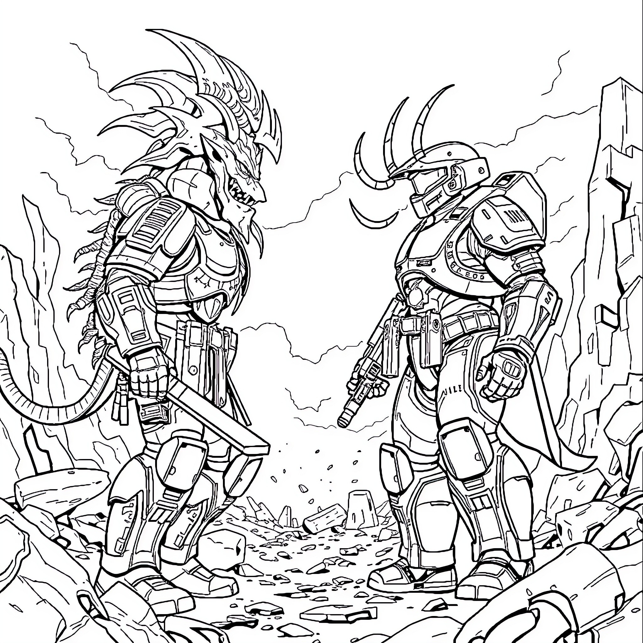 Master Chief confronting a Covenant Warrior in futuristic landscape Coloring Page (free black-and-white line drawing printable PDF for all, from beginners to advanced learners, including children, teens, adults, and seniors)