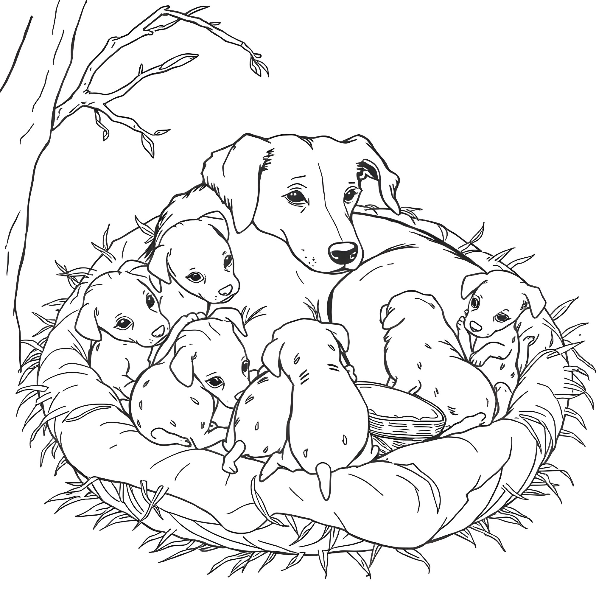 Dog and puppies resting in nest of leaves Coloring Page (free black-and-white line drawing printable PDF for all, from beginners to advanced learners, including children, teens, adults, and seniors)