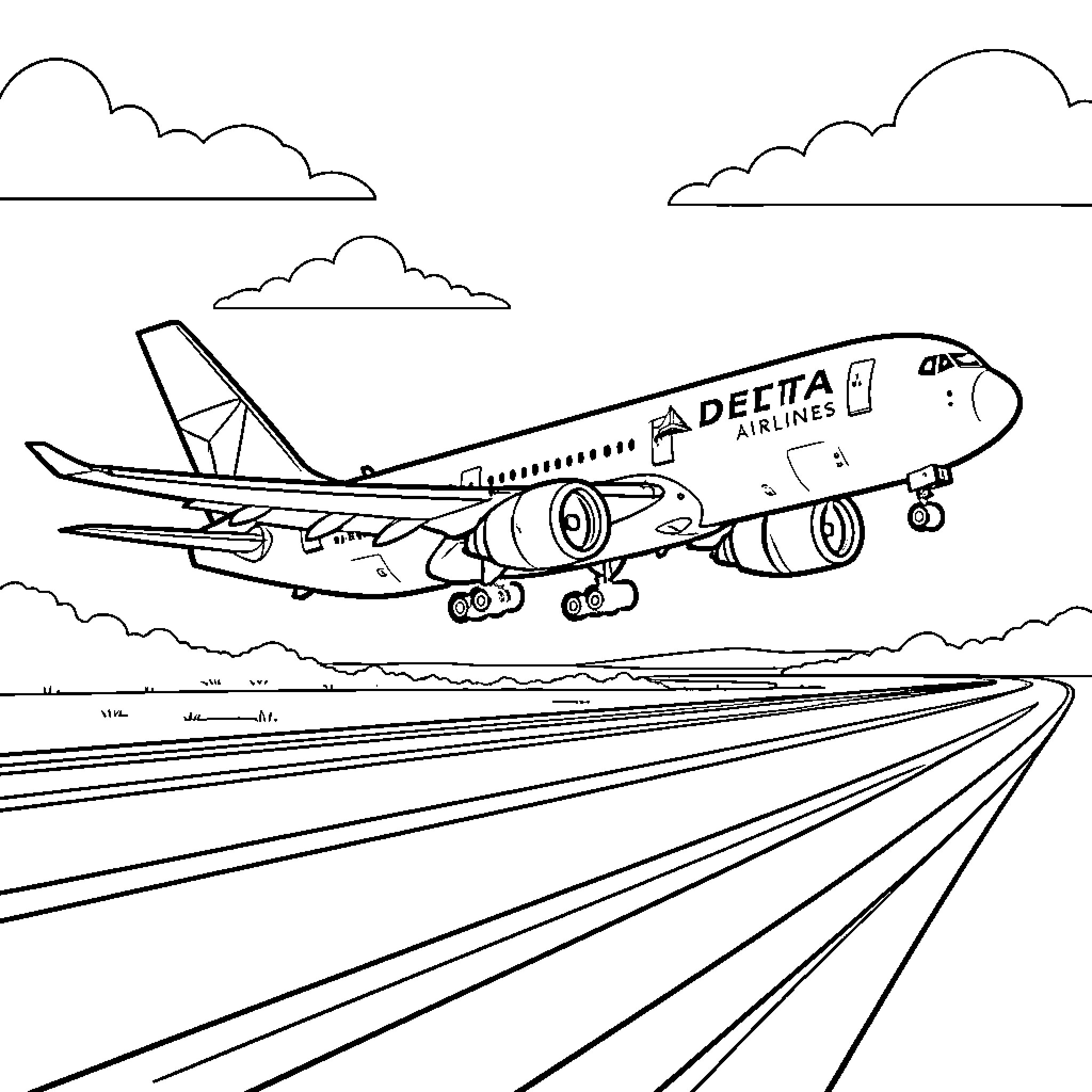 Airbus airplane taking off from a runway Coloring Page (free black-and-white line drawing printable PDF for all, from beginners to advanced learners, including children, teens, adults, and seniors)